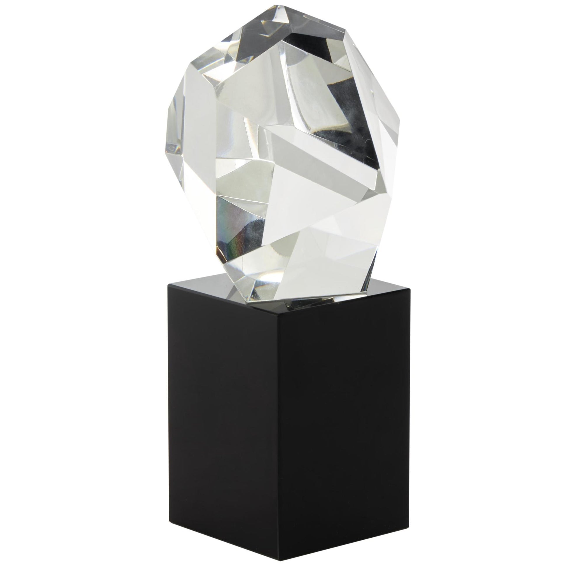 Geometric Clear Glass Cut Stone Inspired Decorative Sculpture with Black Base