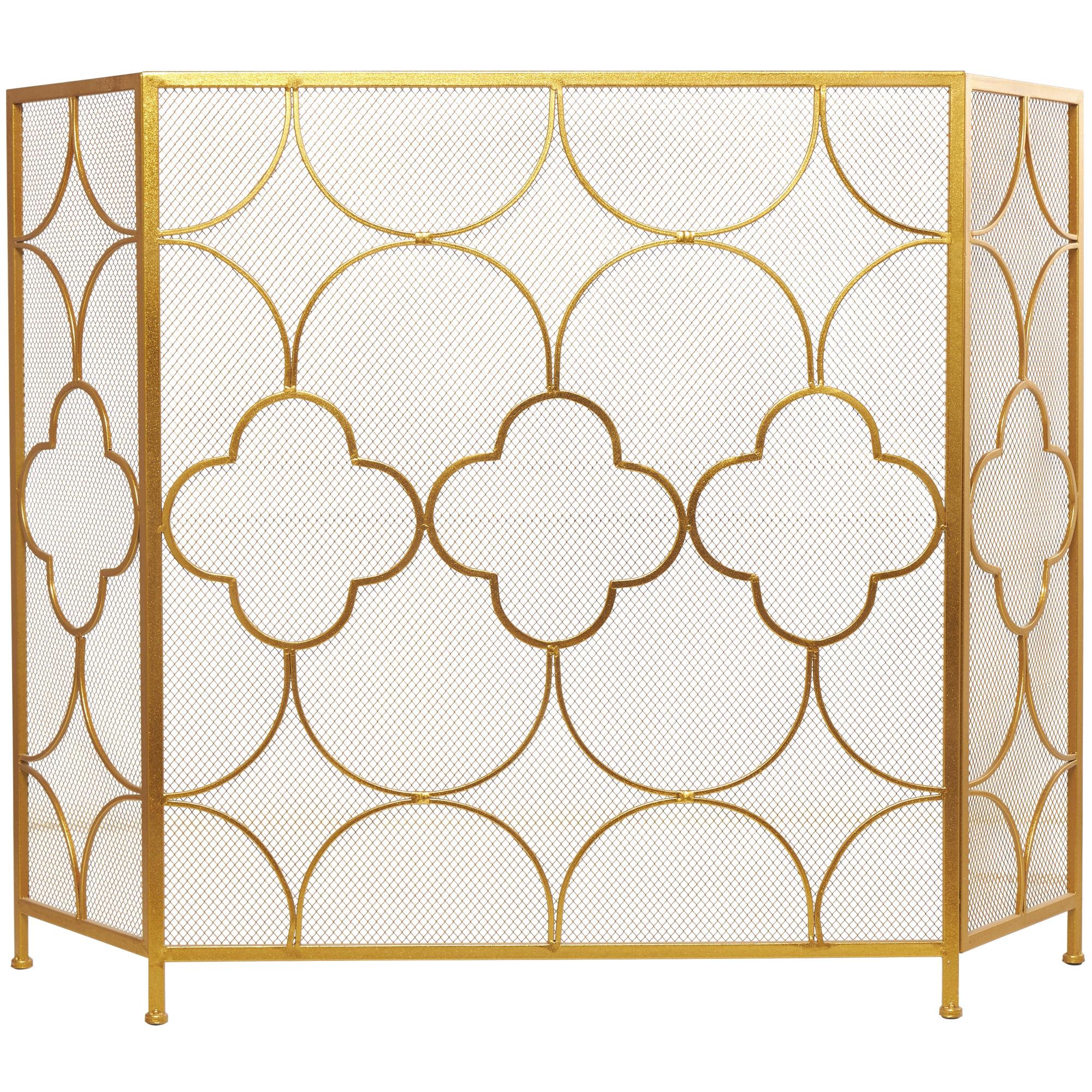 Geometric Gold Metal Foldable Mesh Netting 3 Panel Living Room Fireplace Screen with Quatrefoil Design