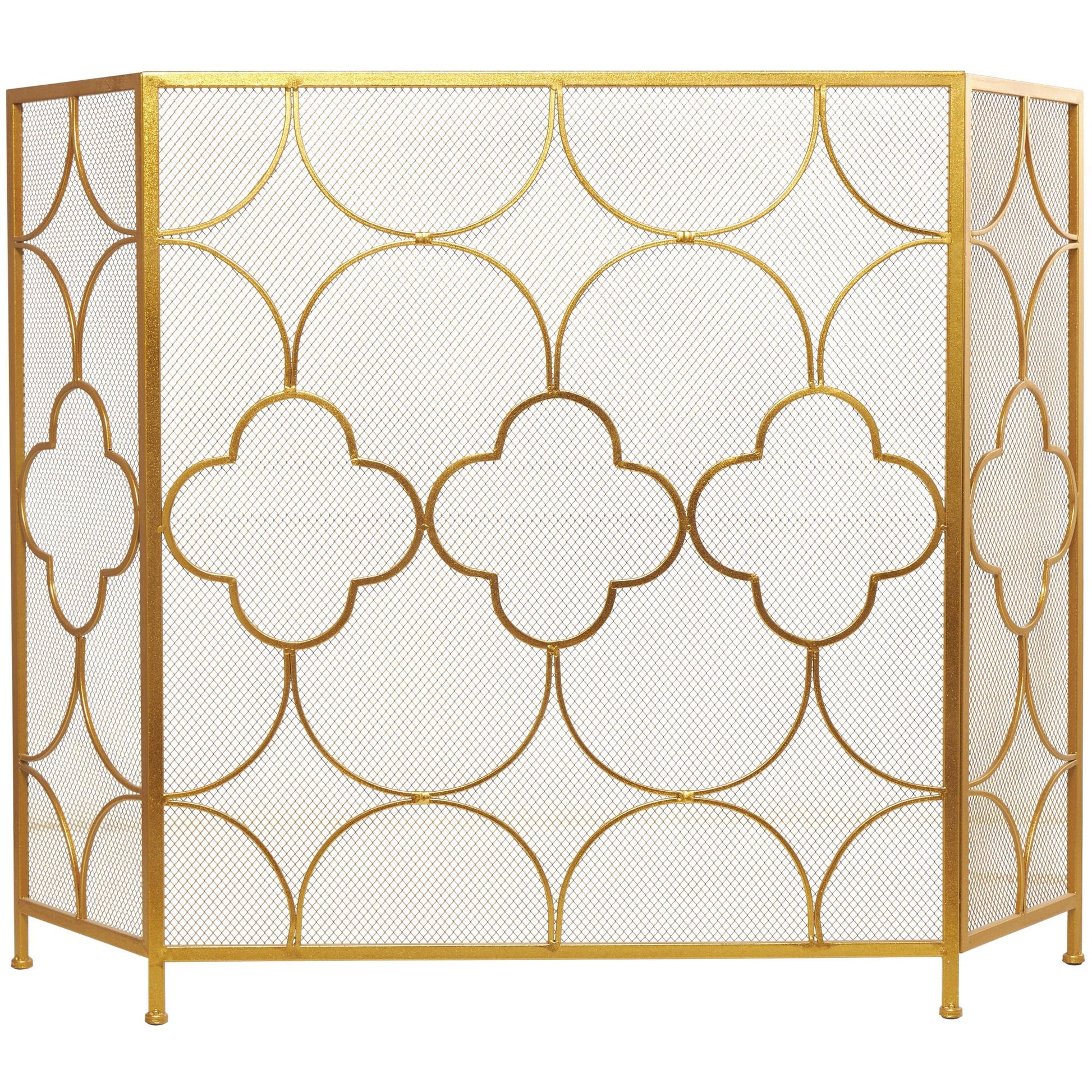 Geometric Gold Metal Foldable Mesh Netting 3 Panel Living Room Fireplace Screen with Quatrefoil Design