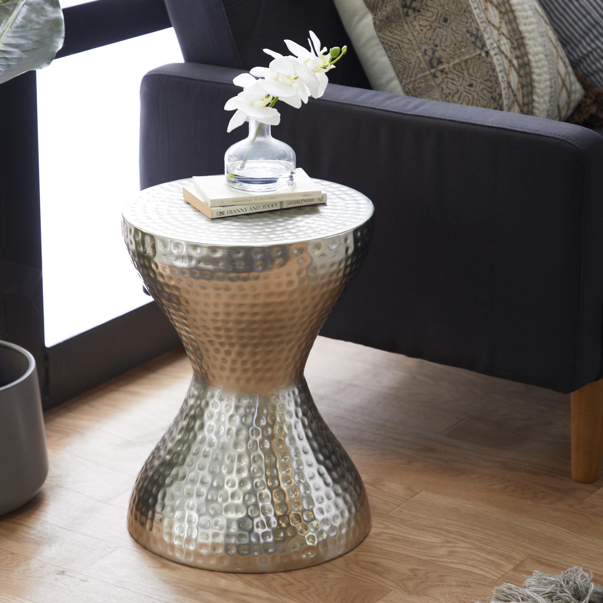 Metal Hammered Side End Accent Table with Hourglass Shape