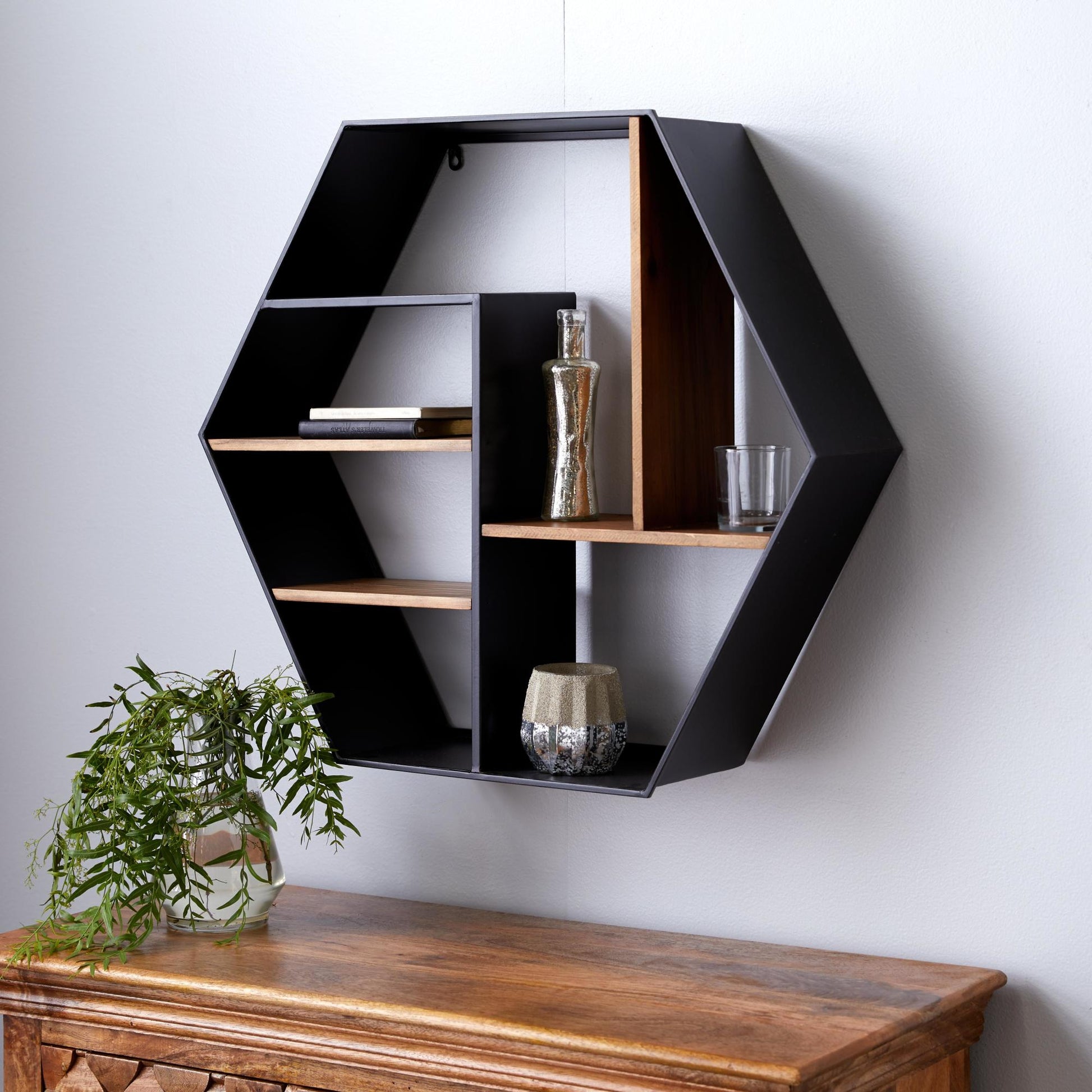 Geometric Black Metal Hexagon 5 Shelf Room Wall Shelf with Wooden Accents