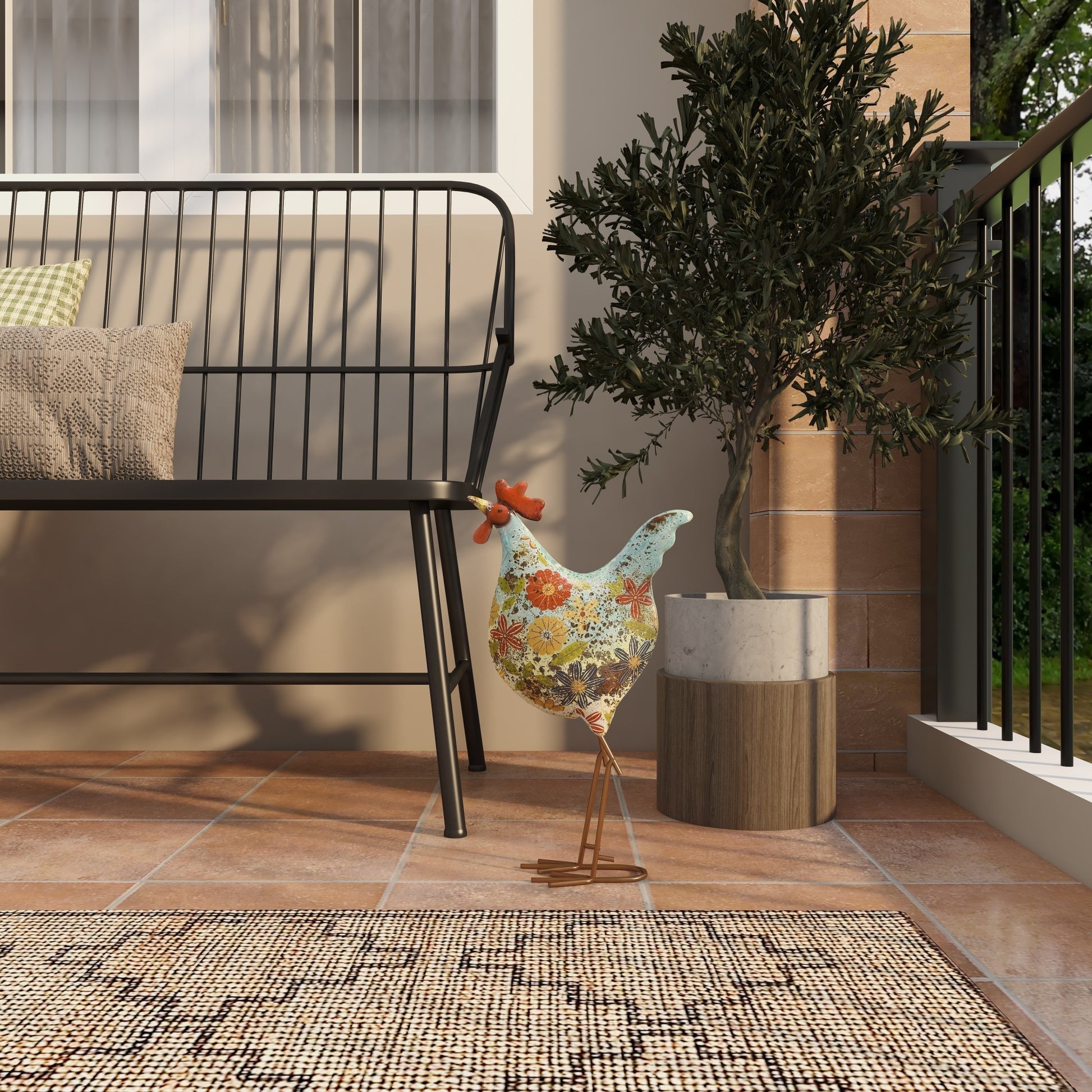 Rooster Metal Indoor Outdoor Distressed Standing Decorative Garden Sculpture with U Shaped Feet