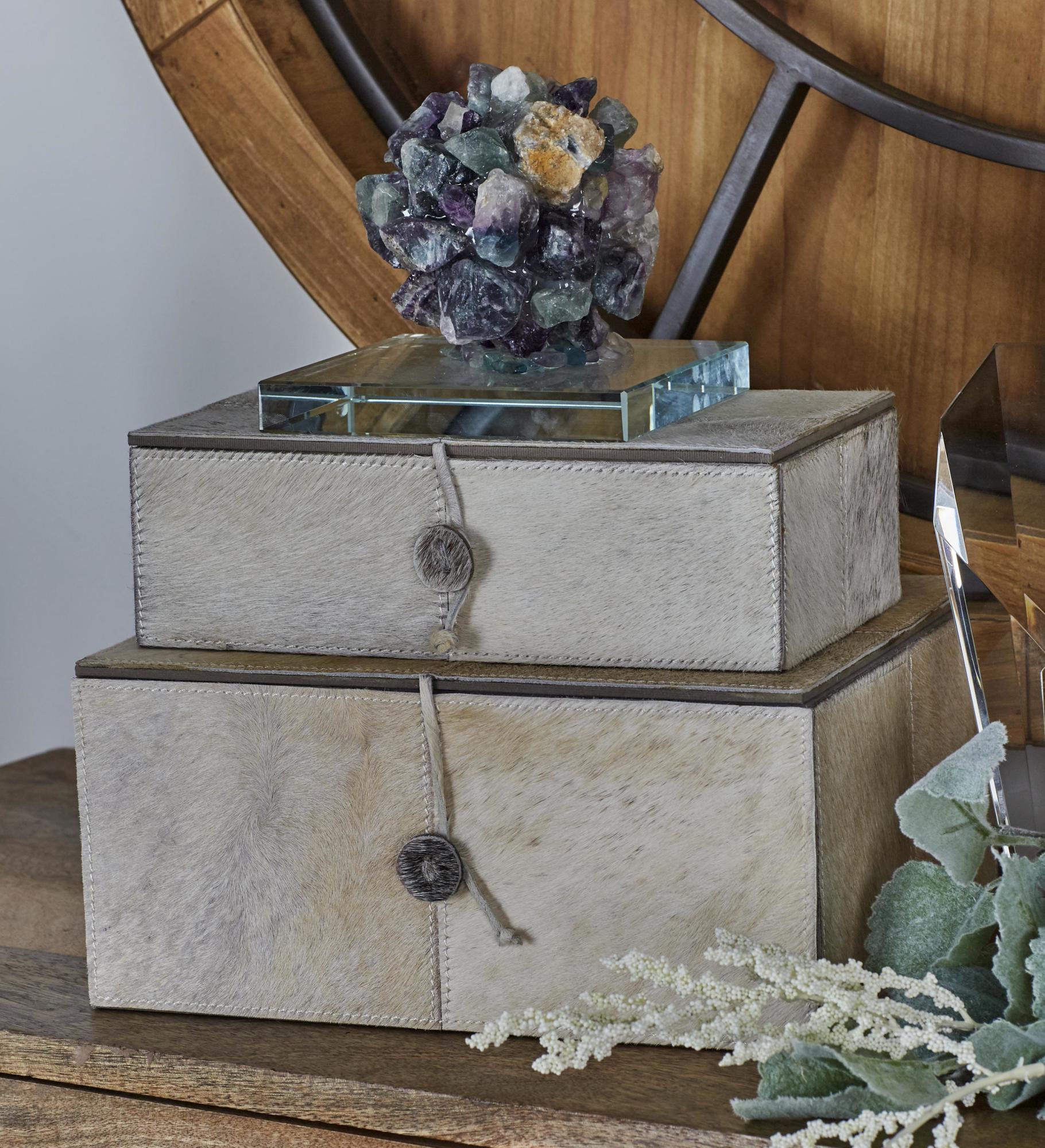 Set of 2 Leather Handmade Cowhide Storage Decorative Box with Leather Loop Closure and Stitching Detail