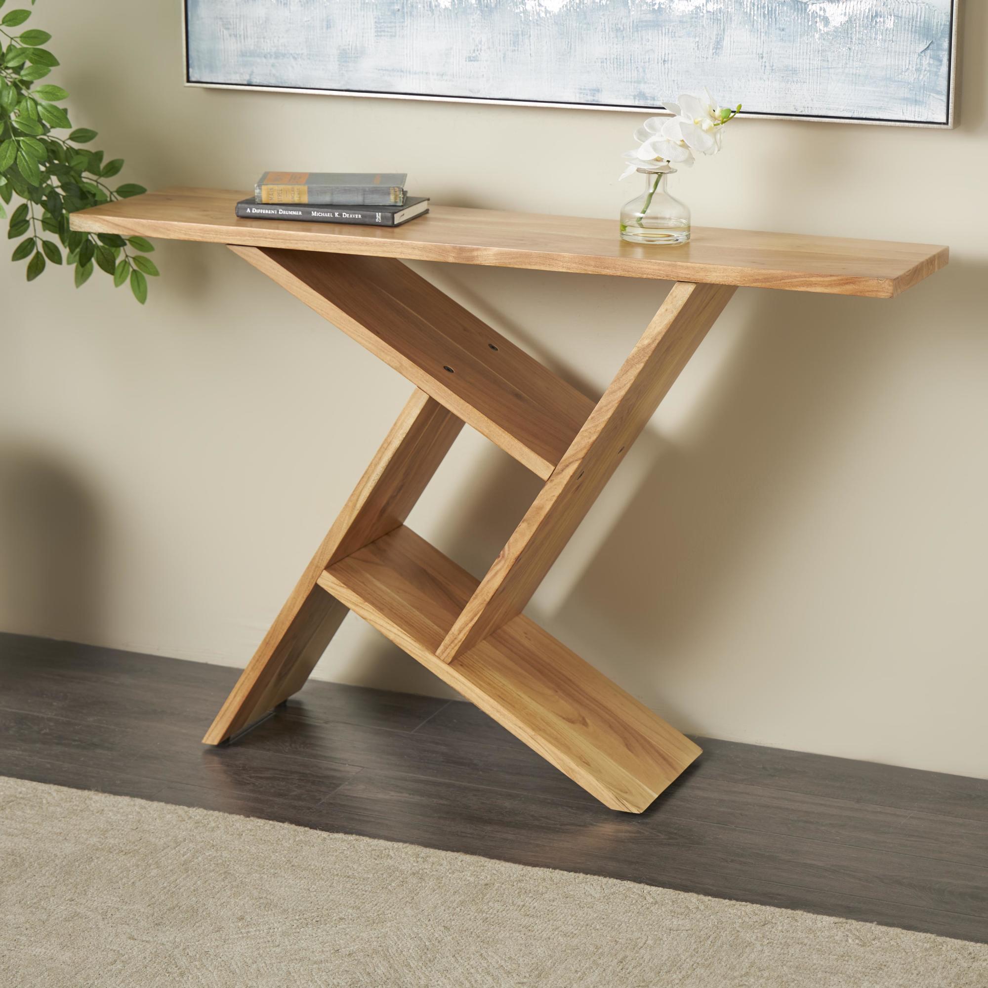 Geometric Brown Wood Living Room Console Table with Rectangular Patterned Legs