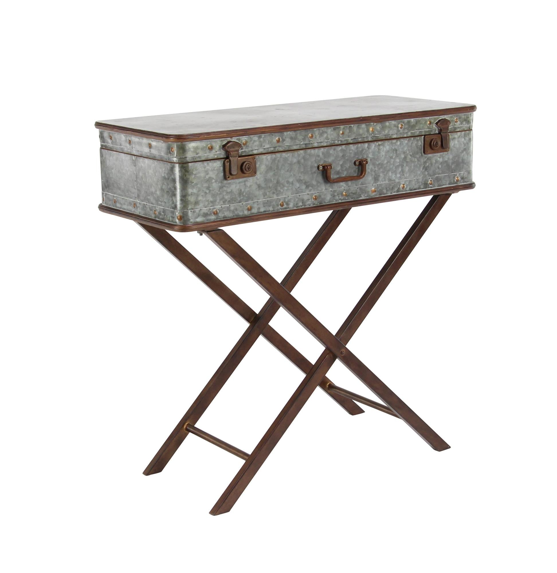 Gray Metal Side End Accent Table with Suitcase Style Top