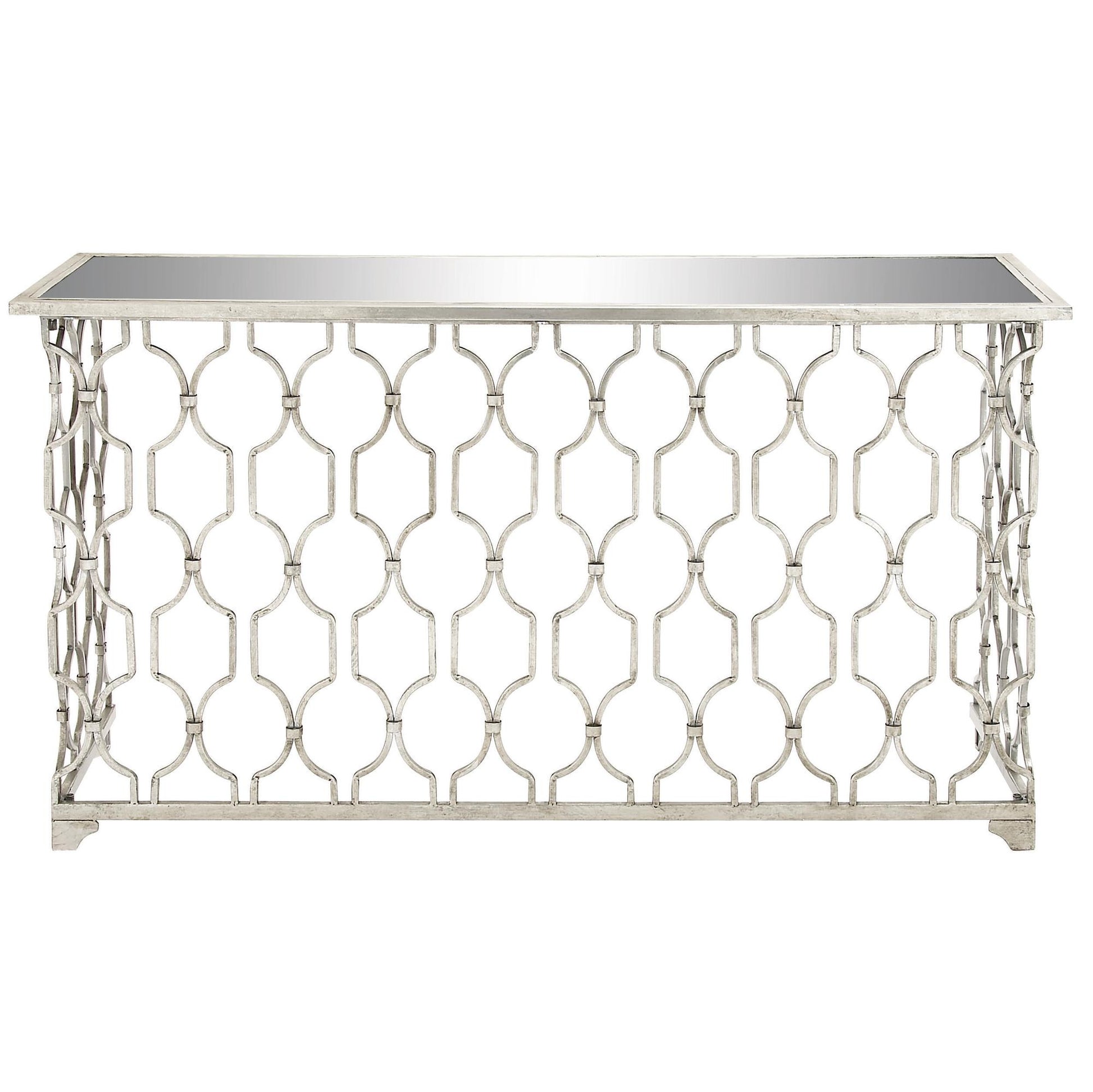 Geometric Silver Metal Rectangular Living Room Console Table with Mirrored Glass Top