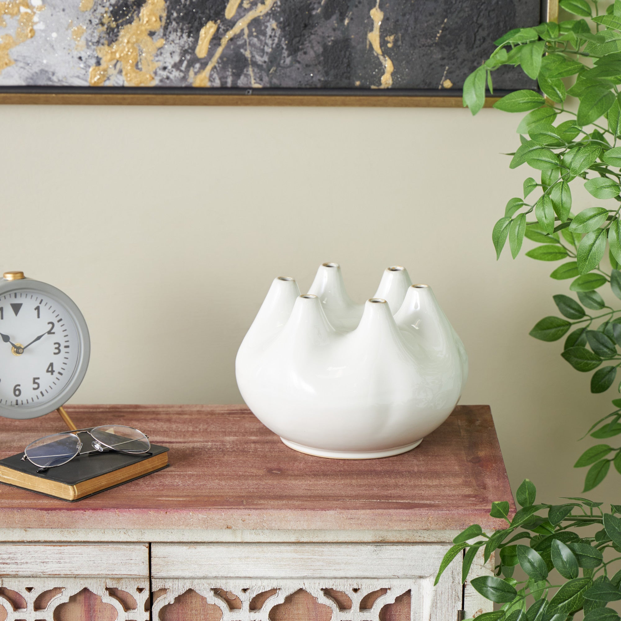 Abstract White Ceramic Round Wide Decorative Vase with Multiple Openings