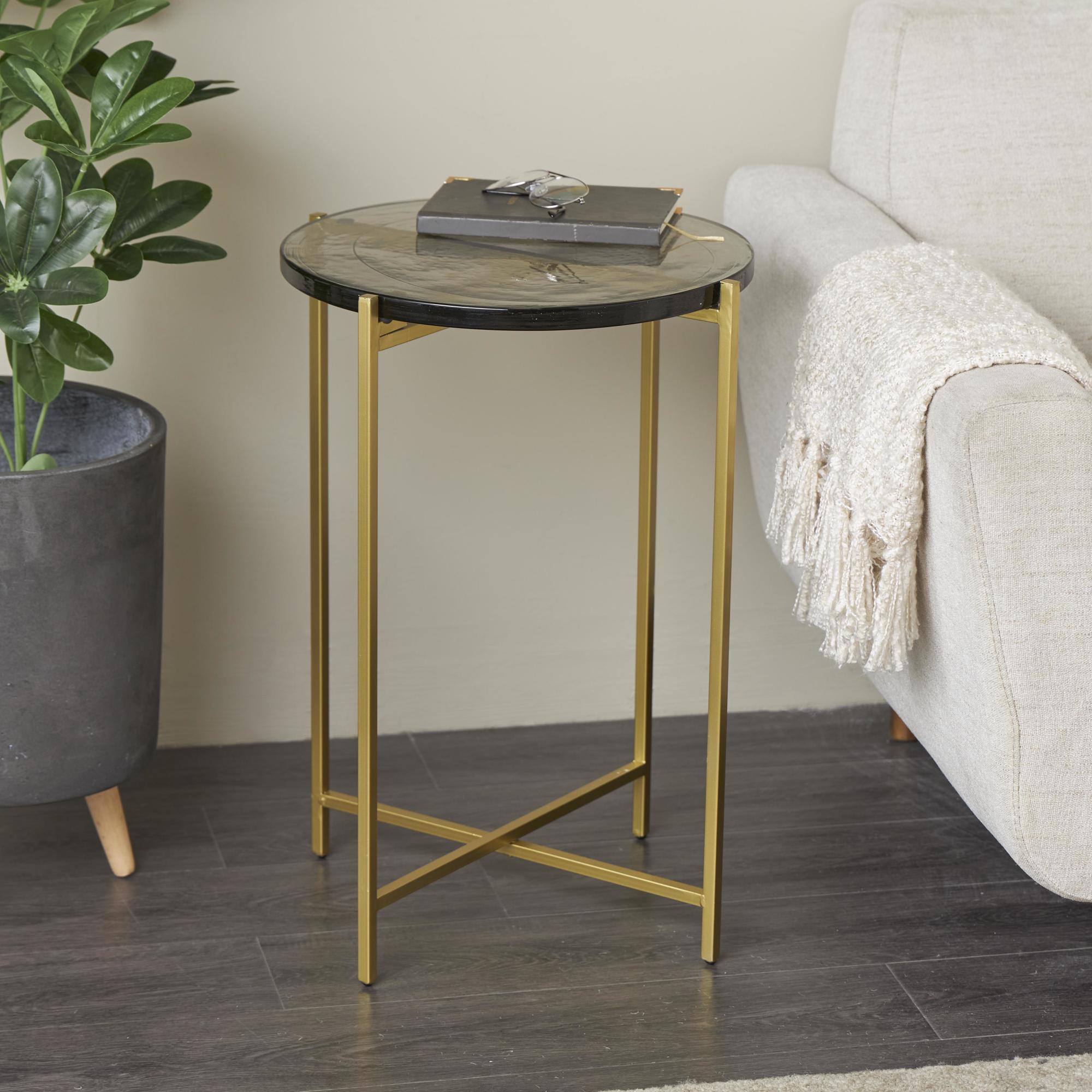 Metal X-Shaped Side End Accent Table with Textured Glass Tabletop