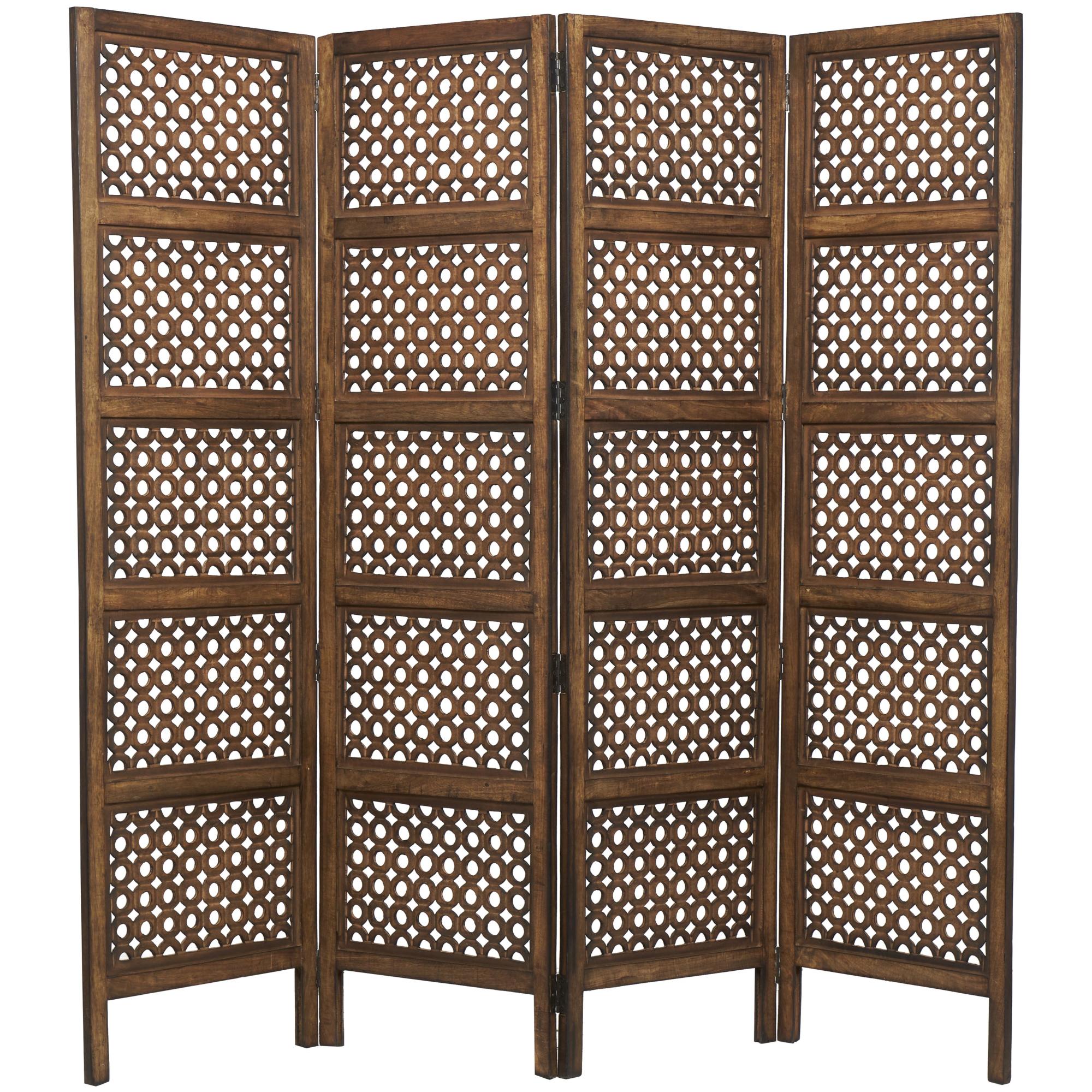 Geometric Brown Wooden Handmade Circle Cutout 4 Panel Partition Room Divider Screen