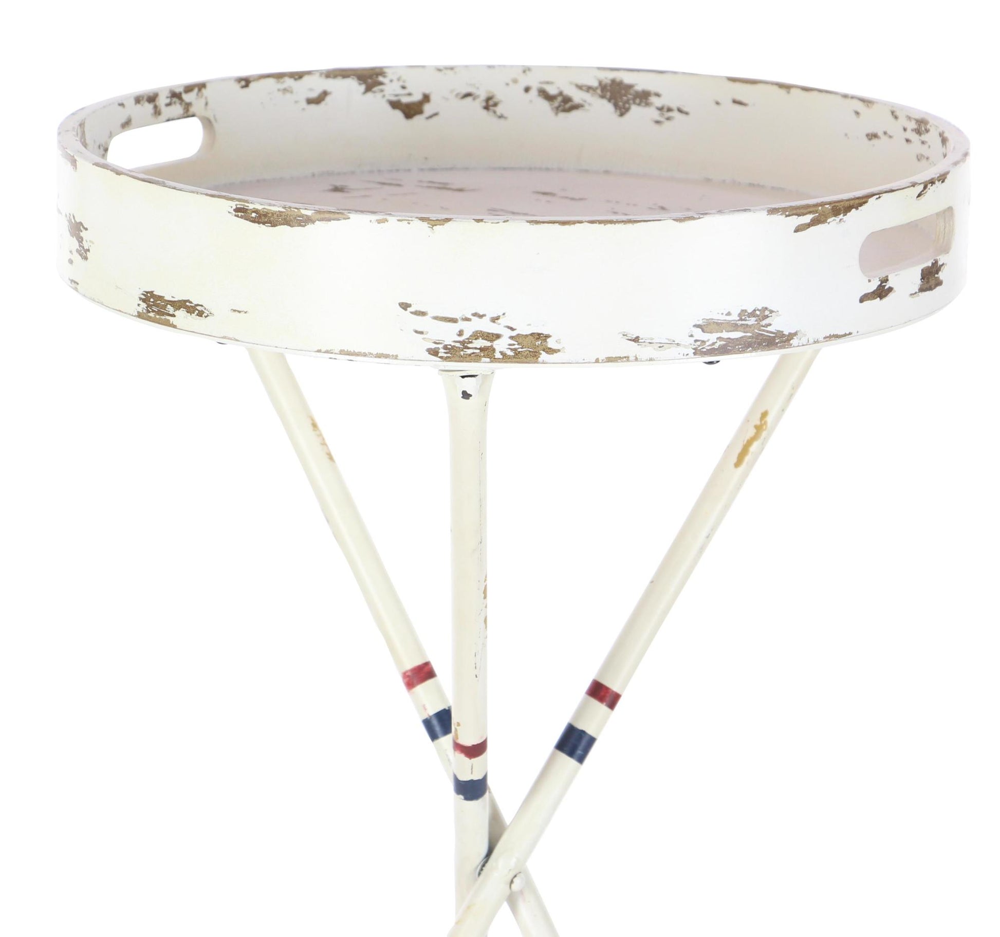 Paddle White Metal Distressed Striped Side End Accent Table with Navy and Red Striped Oar Legs