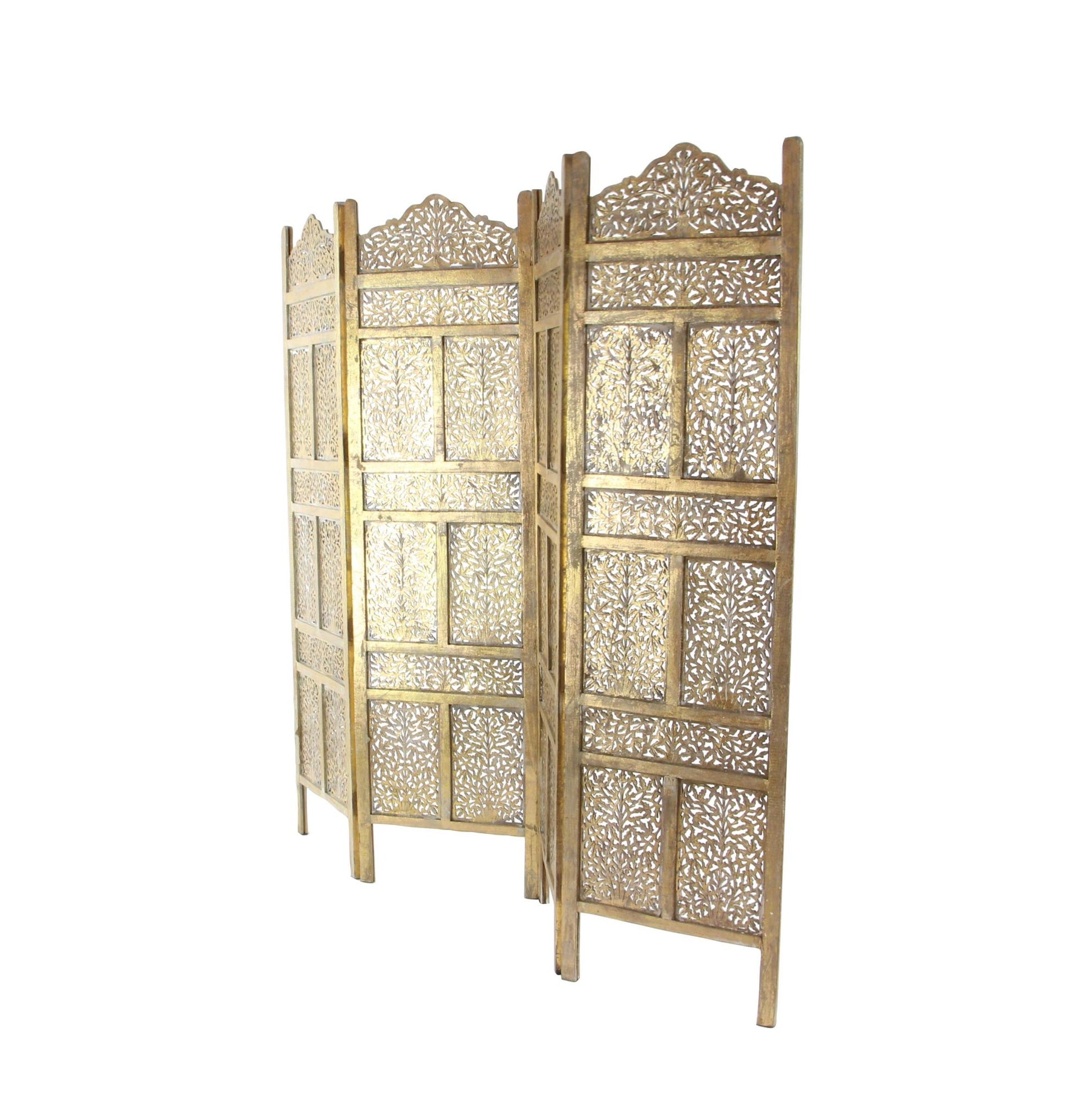Floral Gold Wooden Handmade Foldable Partition 4 Panel Partition Room Divider Screen with Carved Designs