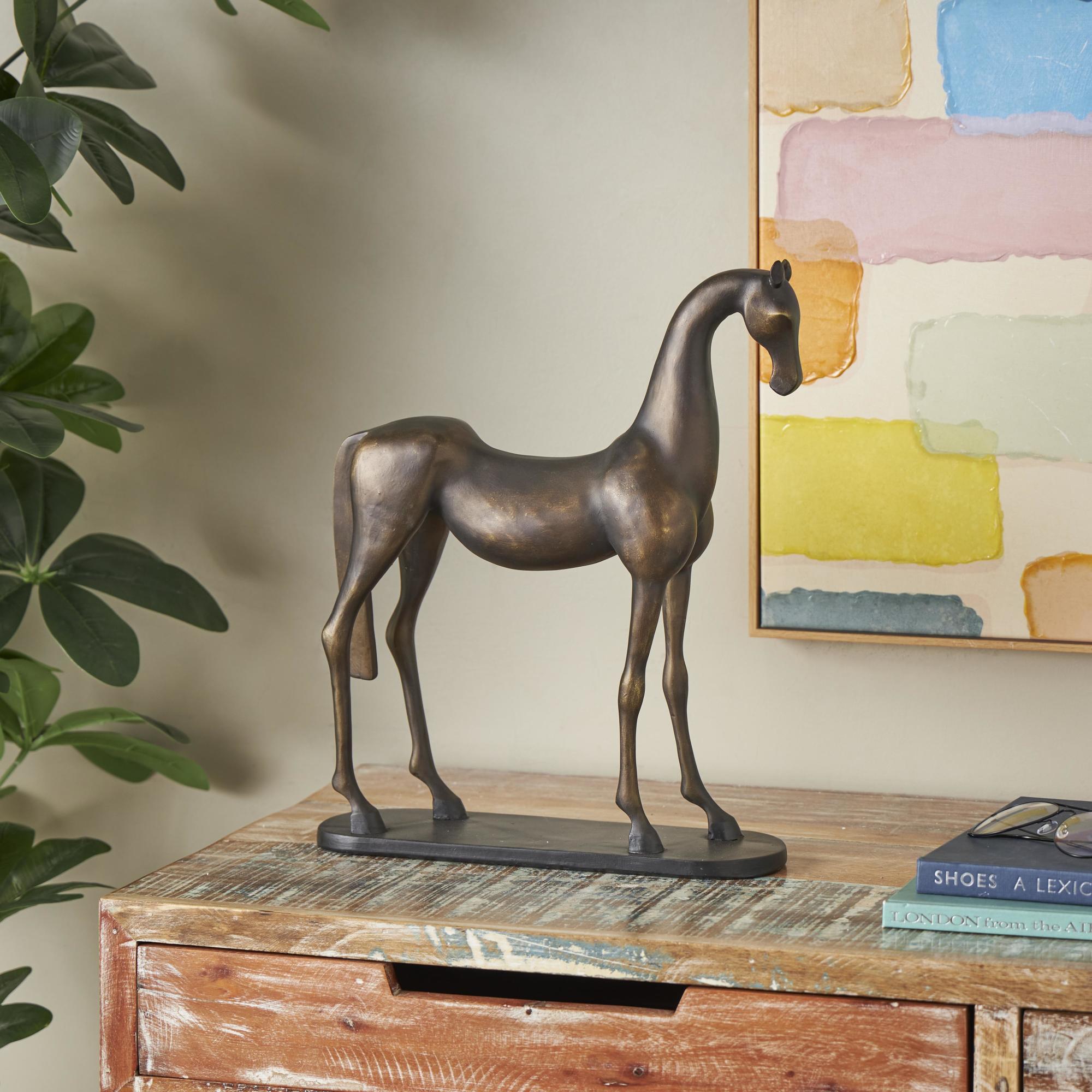 Horse Bronze Polystone Decorative Sculpture with Brushed Gold Accents and Black Oval Base