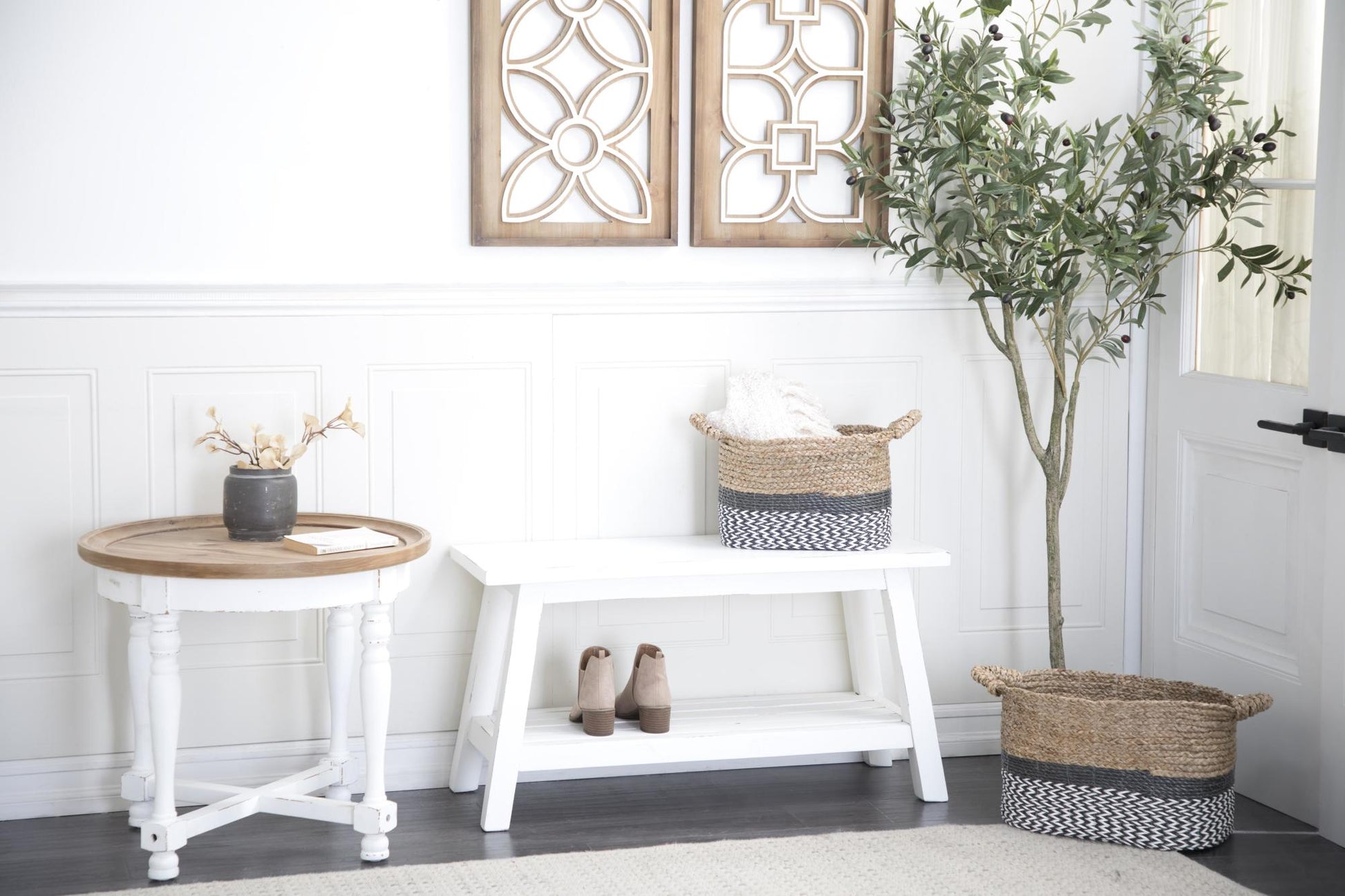 White Wood Home Bench with Slatted Wood Base