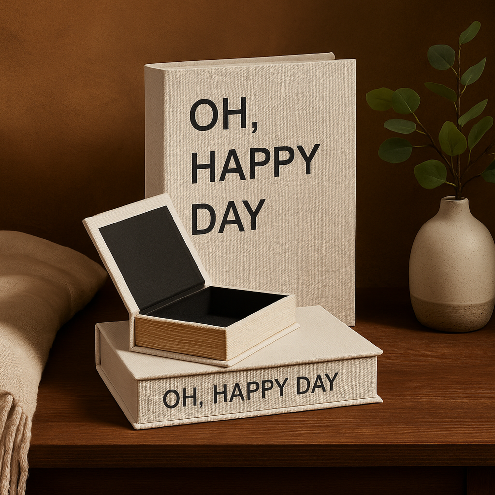 Set of 3 Text Light Gray Linen Fabric Faux Book Storage Decorative Box with Black Lettering