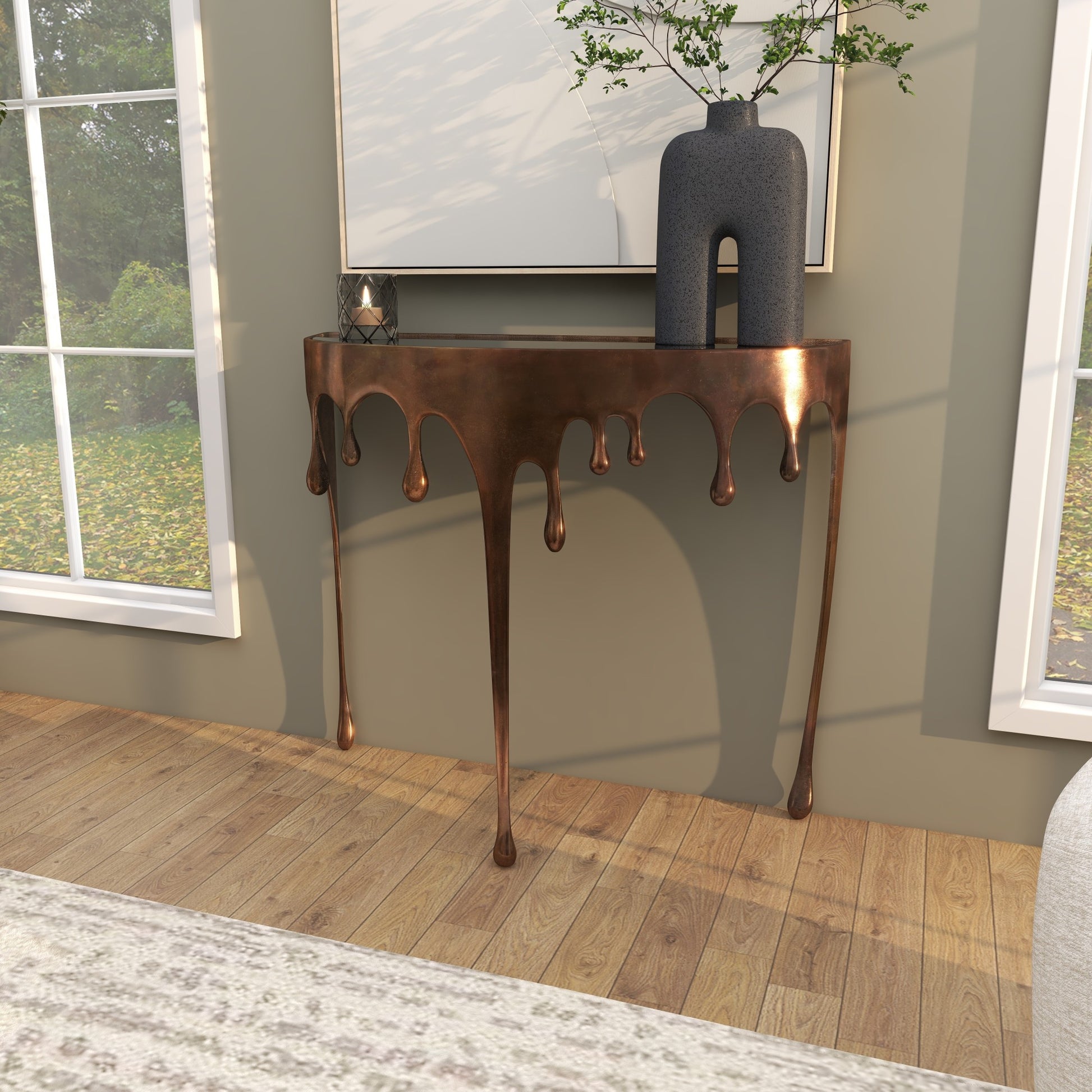 Abstract Aluminum Metal Crescent Drip Living Room Console Table with Melting Design Legs and Glass Top