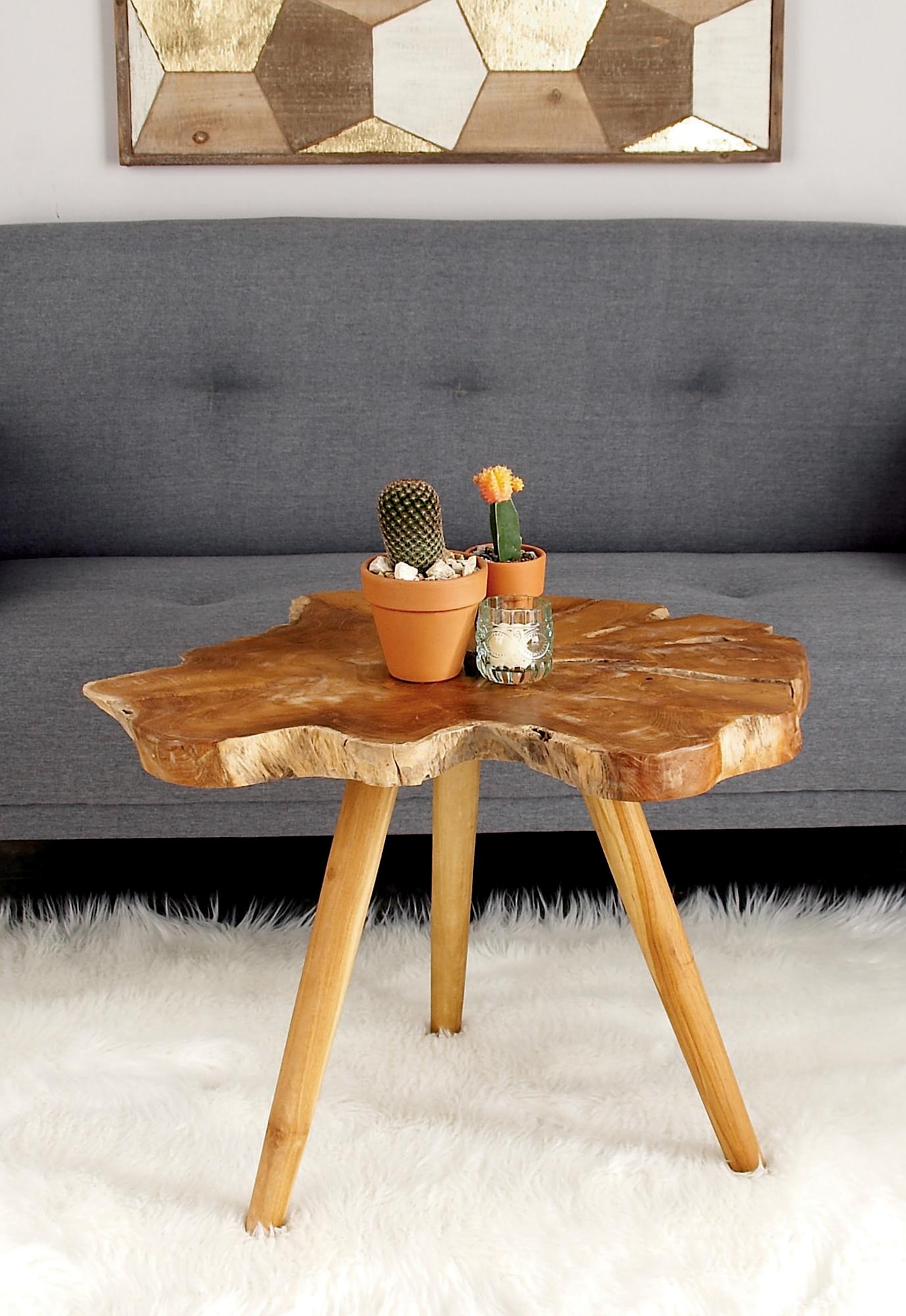 Brown Teak Wood Handmade Live Edge Side End Accent Table with Tripod Legs