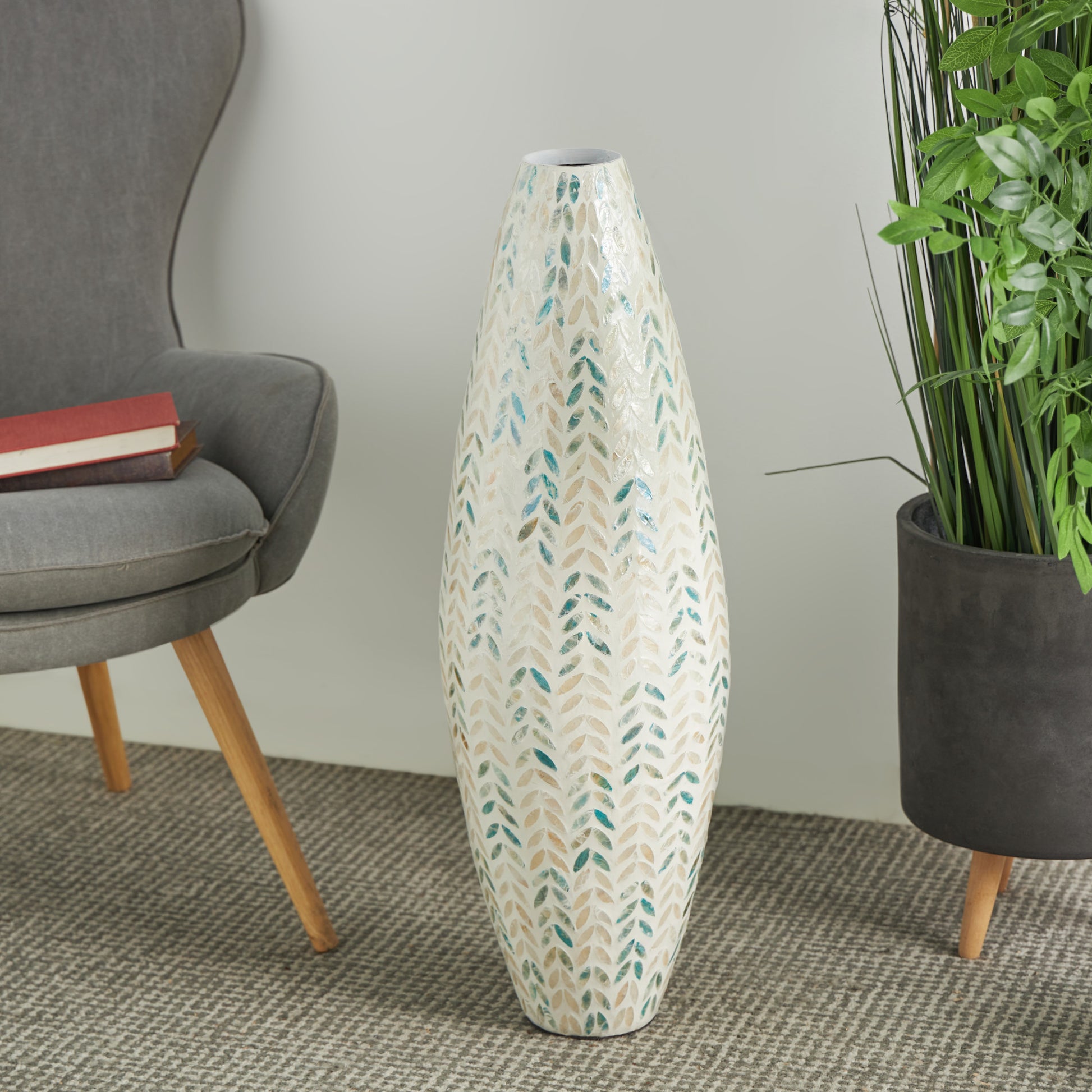 Leaf Cream Mother of Pearl Shell Handmade Tall Mosaic Decorative Vase with Blue Accents