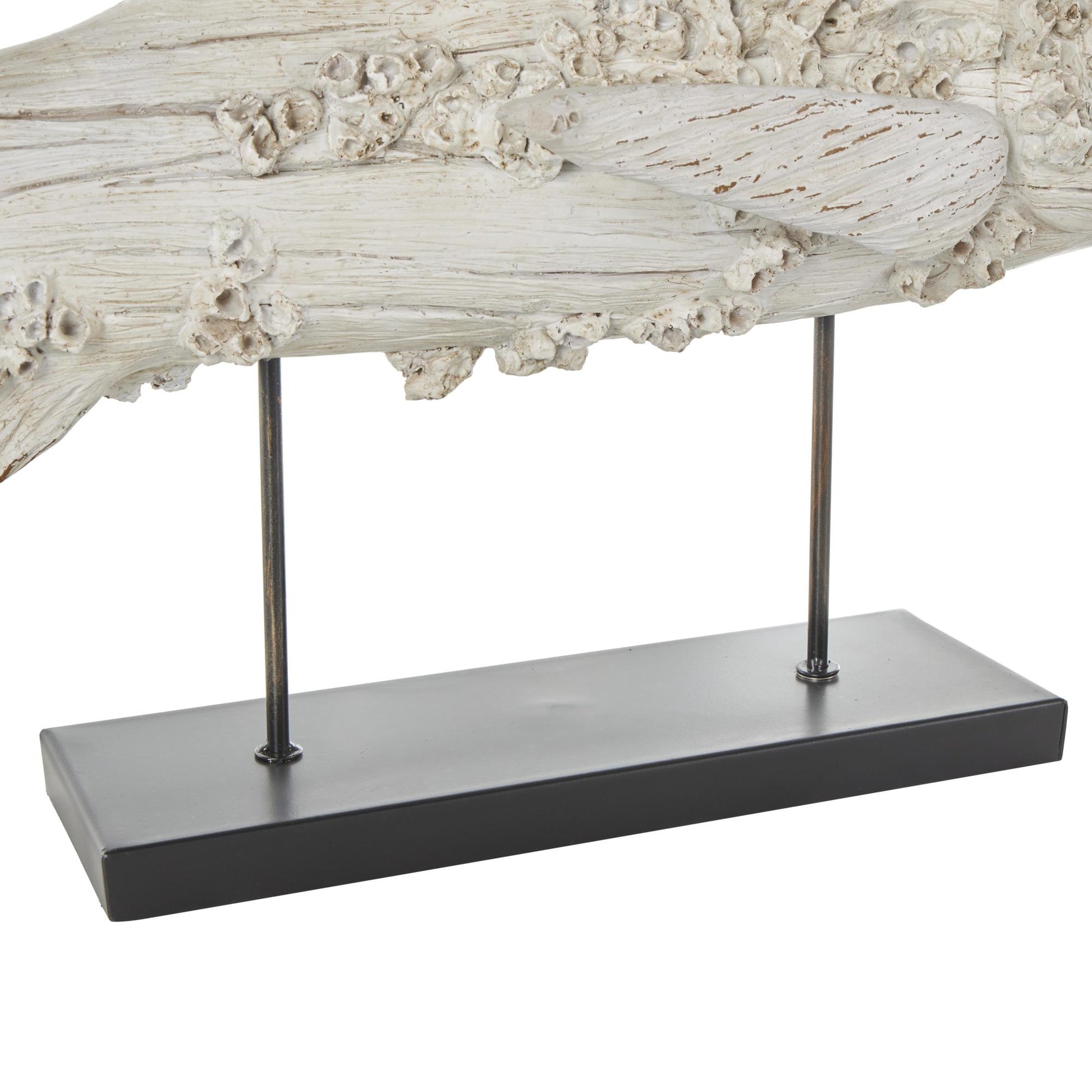 Fish Cream Polystone Textured Decorative Sculpture with Brown Distressing and Black Metal Stand