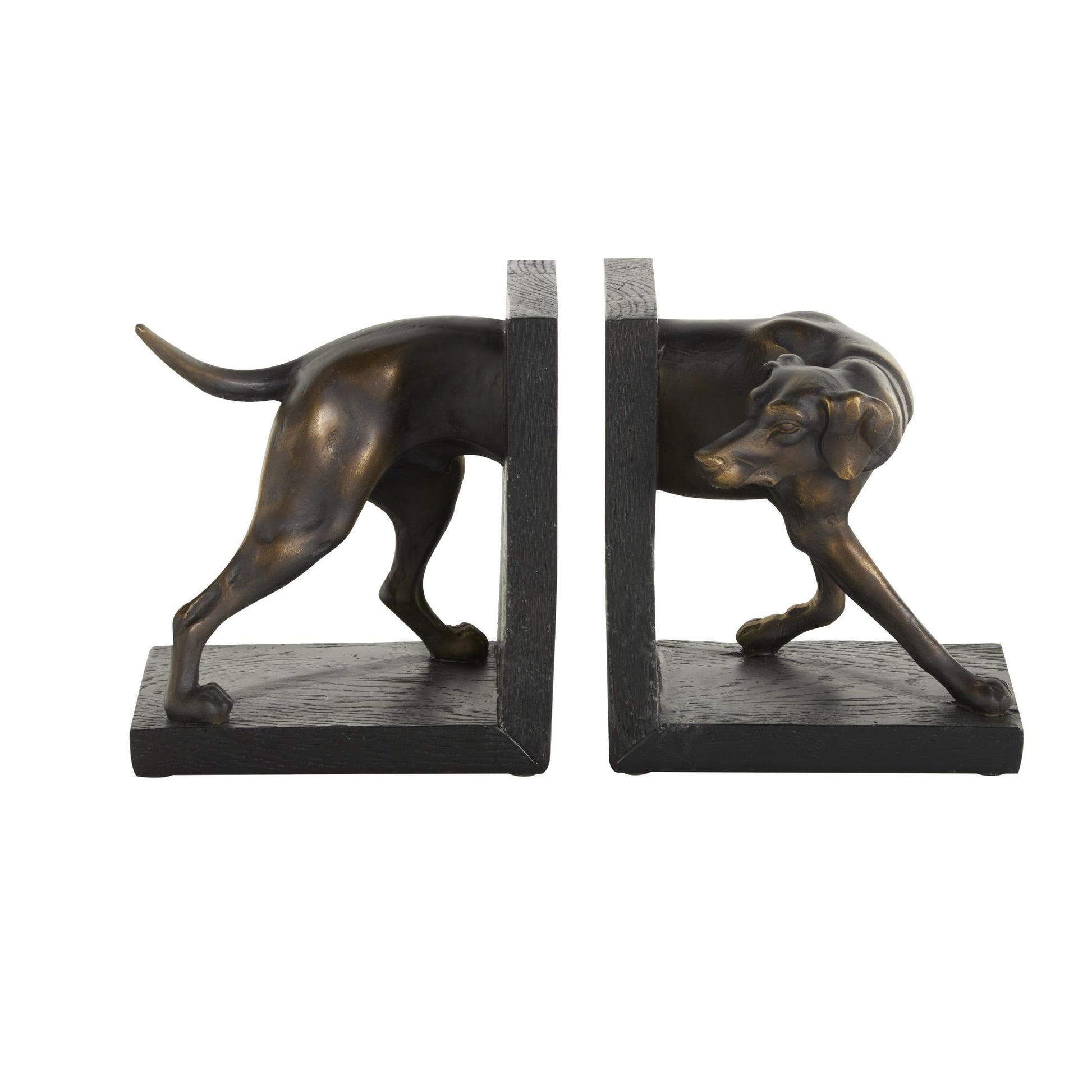 Set of 2 Dog Black Polystone Greyhound Decorative Bookends with Gold Accents and Black Stands