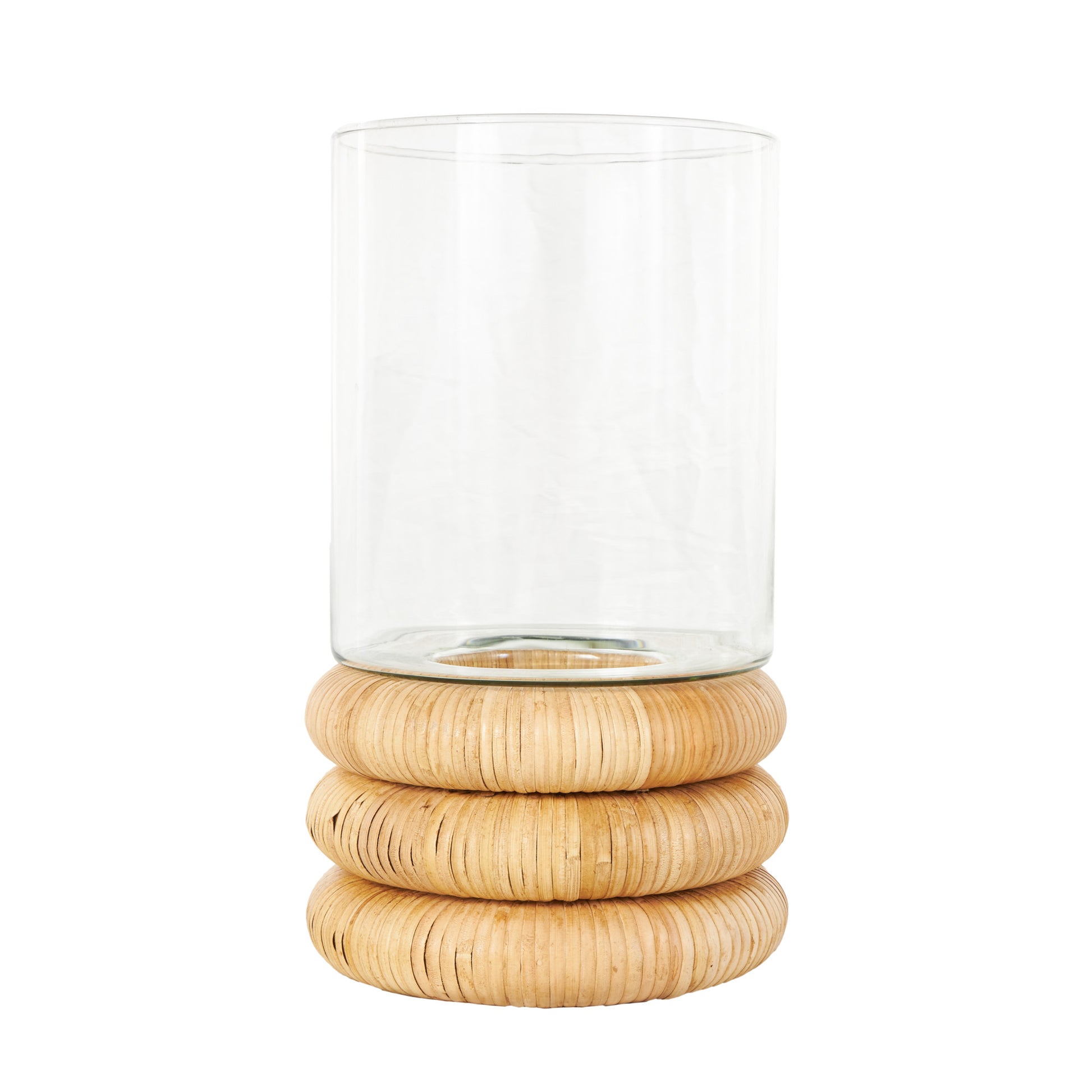 Clear Glass Round Room Hurricane Lamp with Light Brown Woven Base
