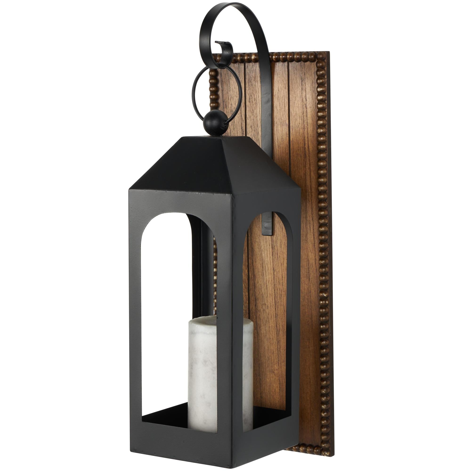 Abstract Black Metal Suspended Arched Cutout Indoor Outdoor Wall Sconce with Brown Wood Backing and Beaded Edge