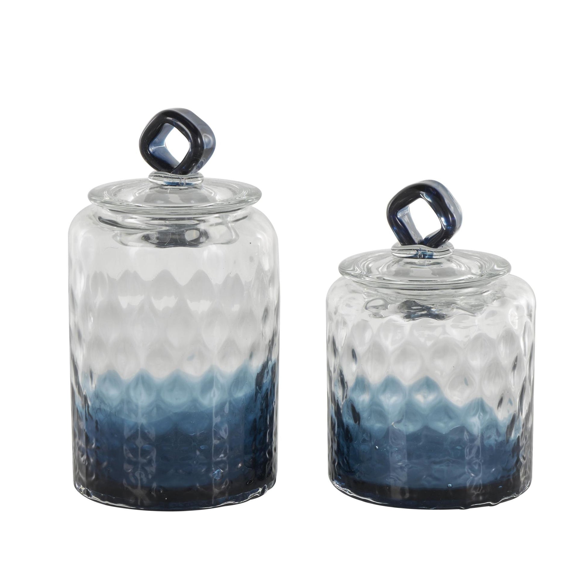 Set of 2 Geometric Dark Blue Glass Faceted Ombre Living Room Decorative Jars with Diamond Knobs