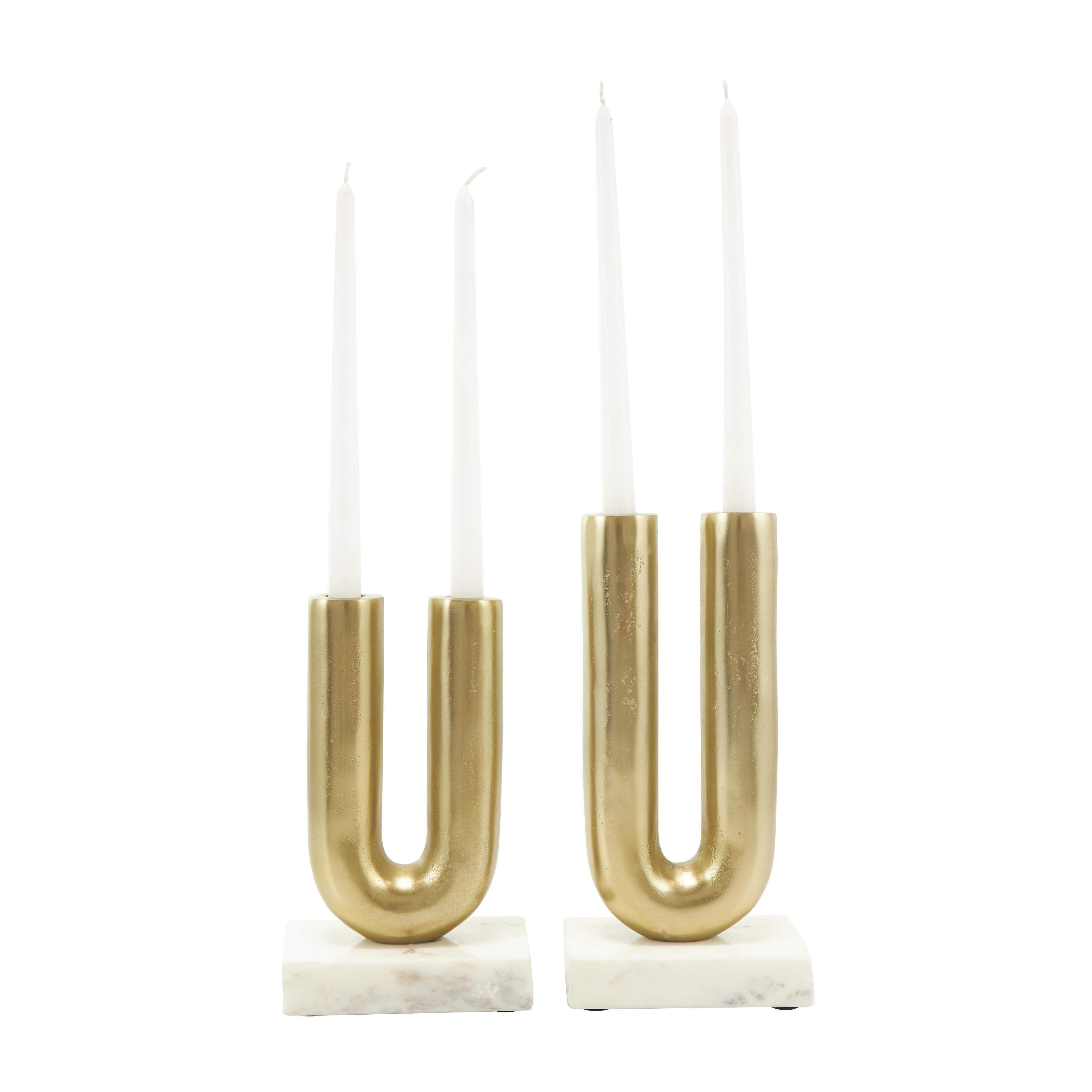 Set of 2 Geometric Aluminum Metal U-Shaped Decorative Candle Holder with Marble Bases