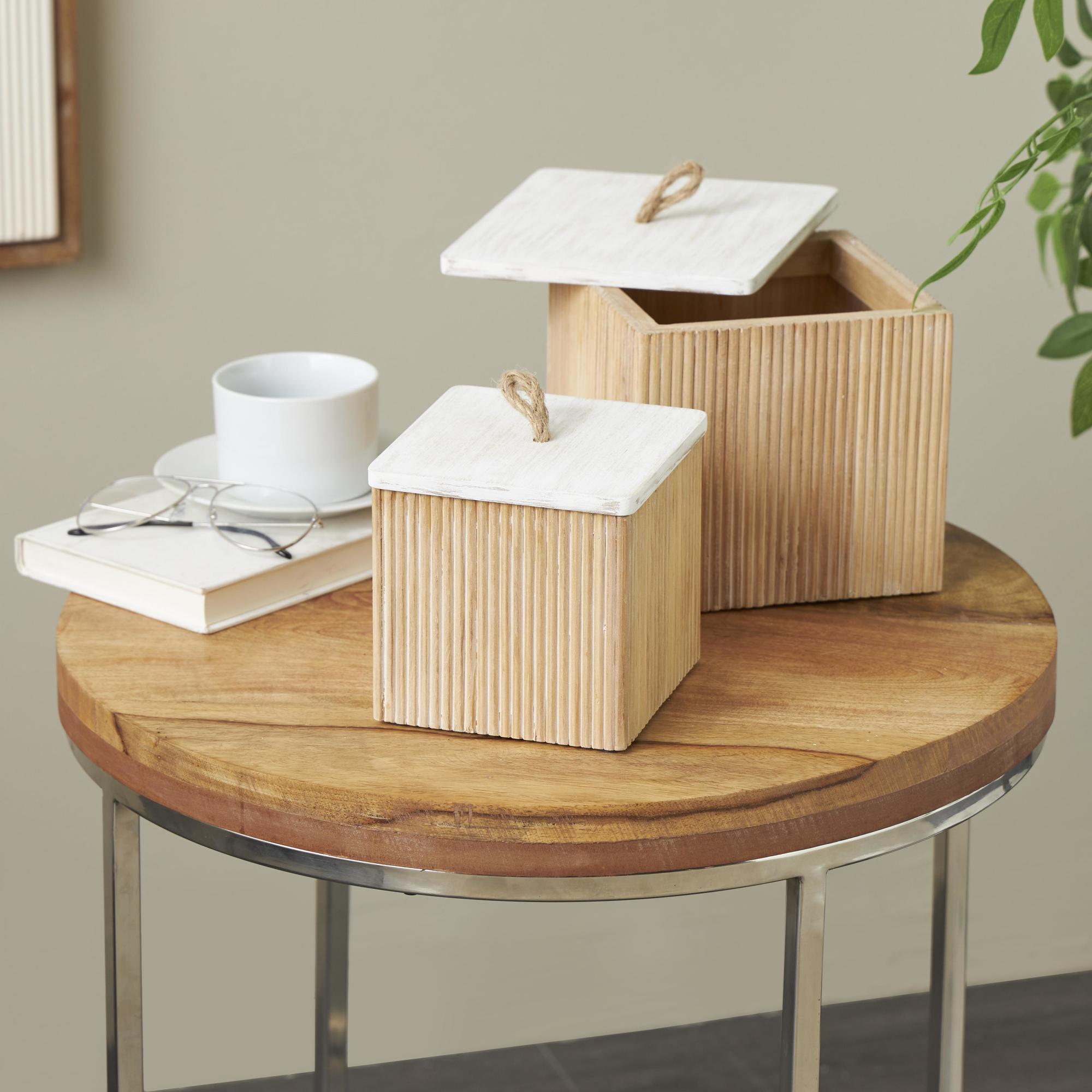 Set of 2 Wooden Washed Ribbed Storage Decorative Box with White Lids and Rope Handles
