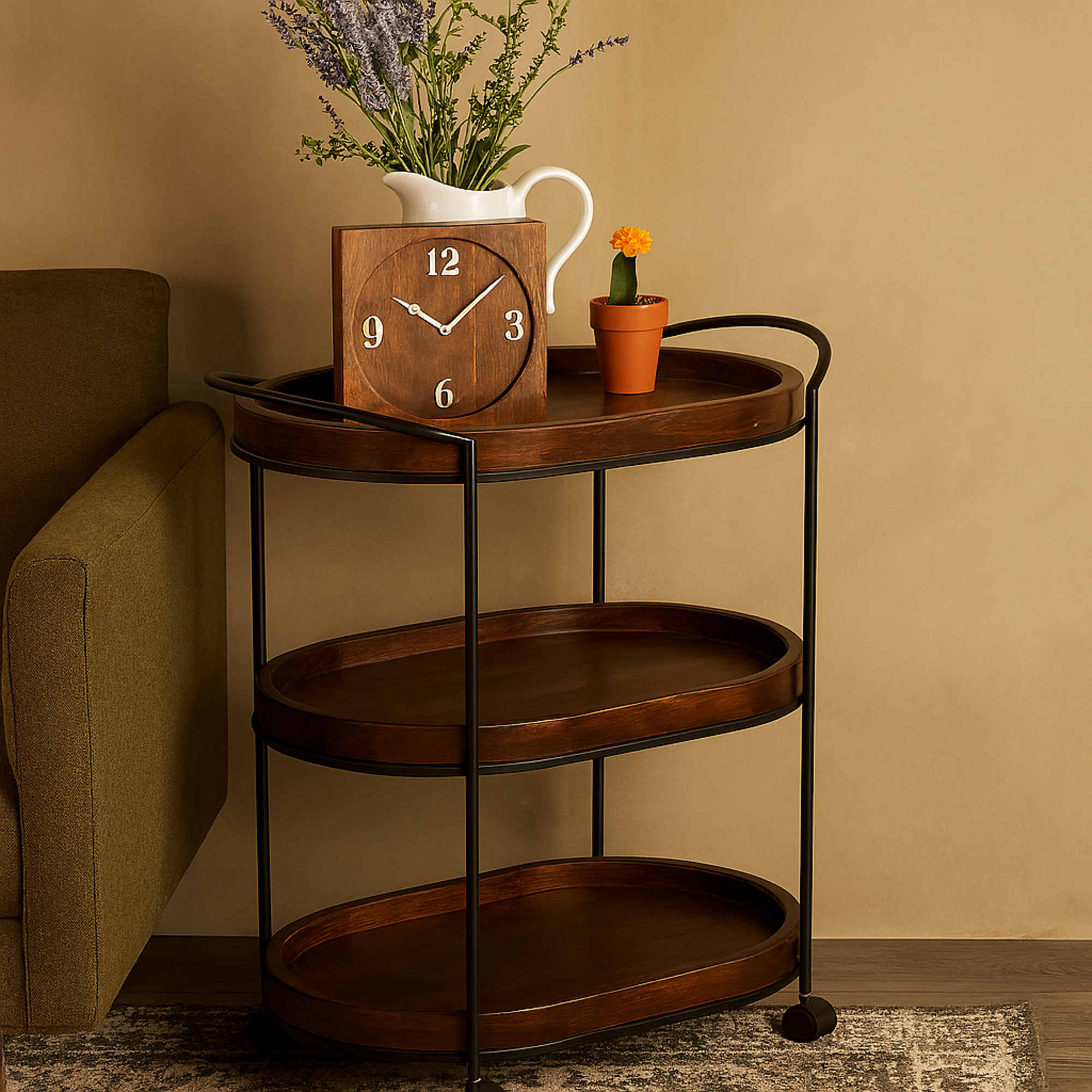 Brown Wood Rolling Oval 3 Shelf Home Bar Cart with Black Metal Frame