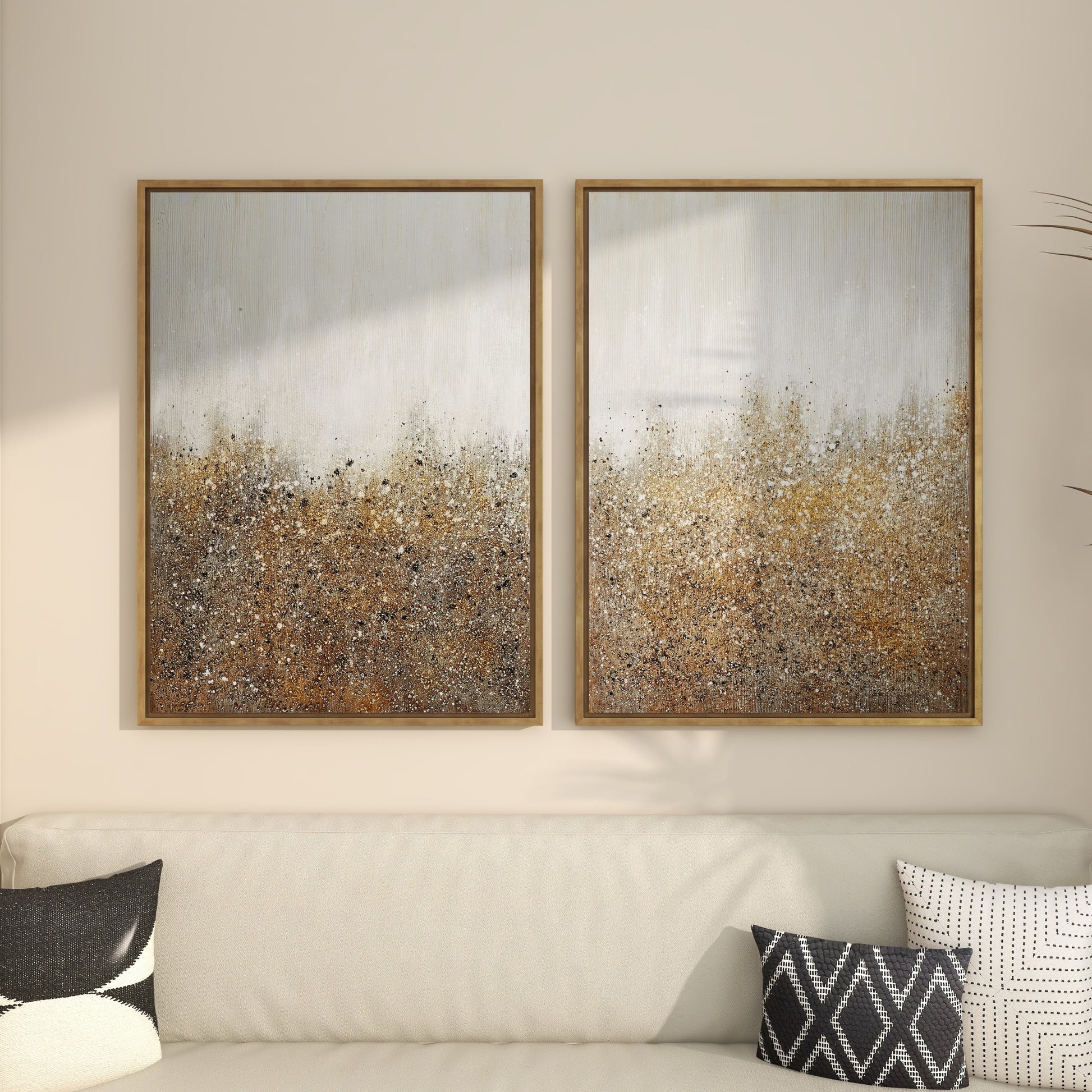 CosmoLiving by Cosmopolitan Set of 2 Abstract Gold Canvas Textured Splatter Living Room Framed Wall Art with Glitter Flakes