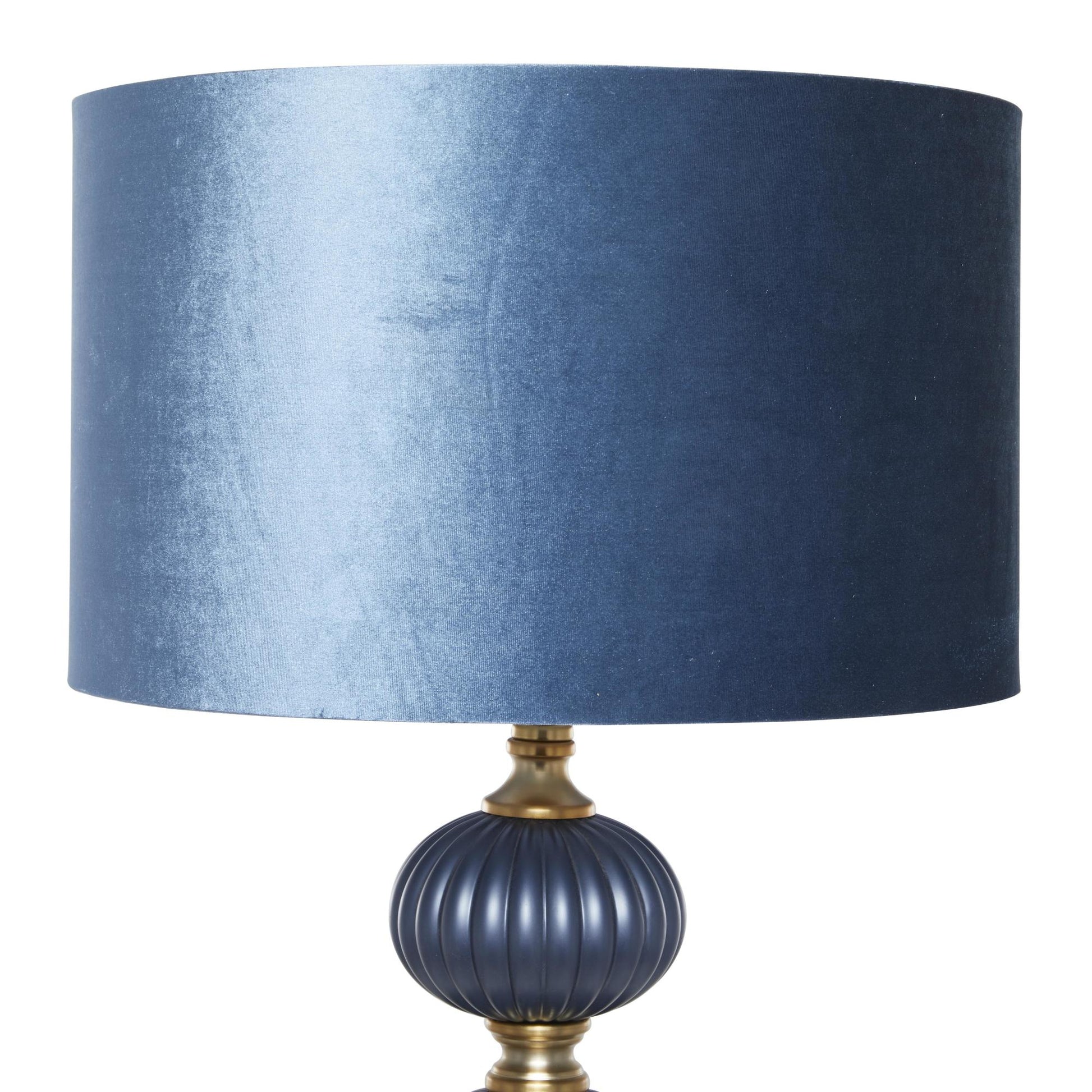 Blue Metal Ribbed Room Floor Lamp with Velvet Shade and Gold Accents