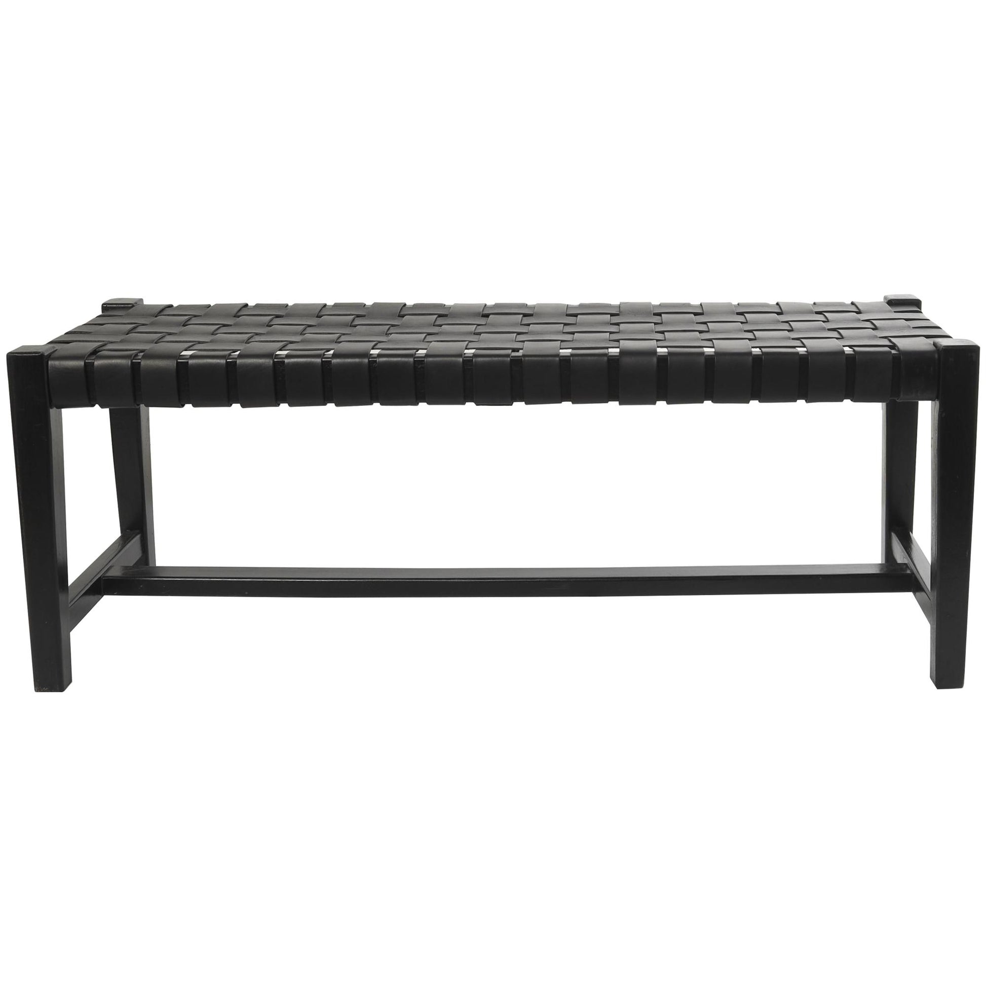 Black Leather Handmade Woven Home Bench with Teak Wood Frame