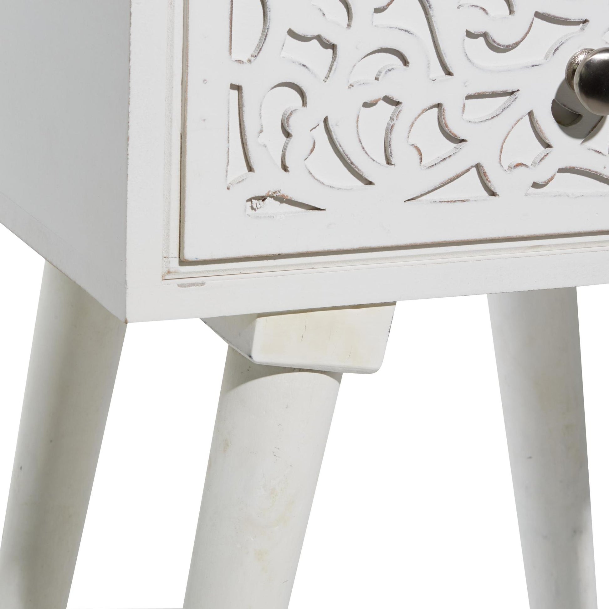 Scroll White Mango Wood Intricately Carved Single Drawer Side End Accent Table