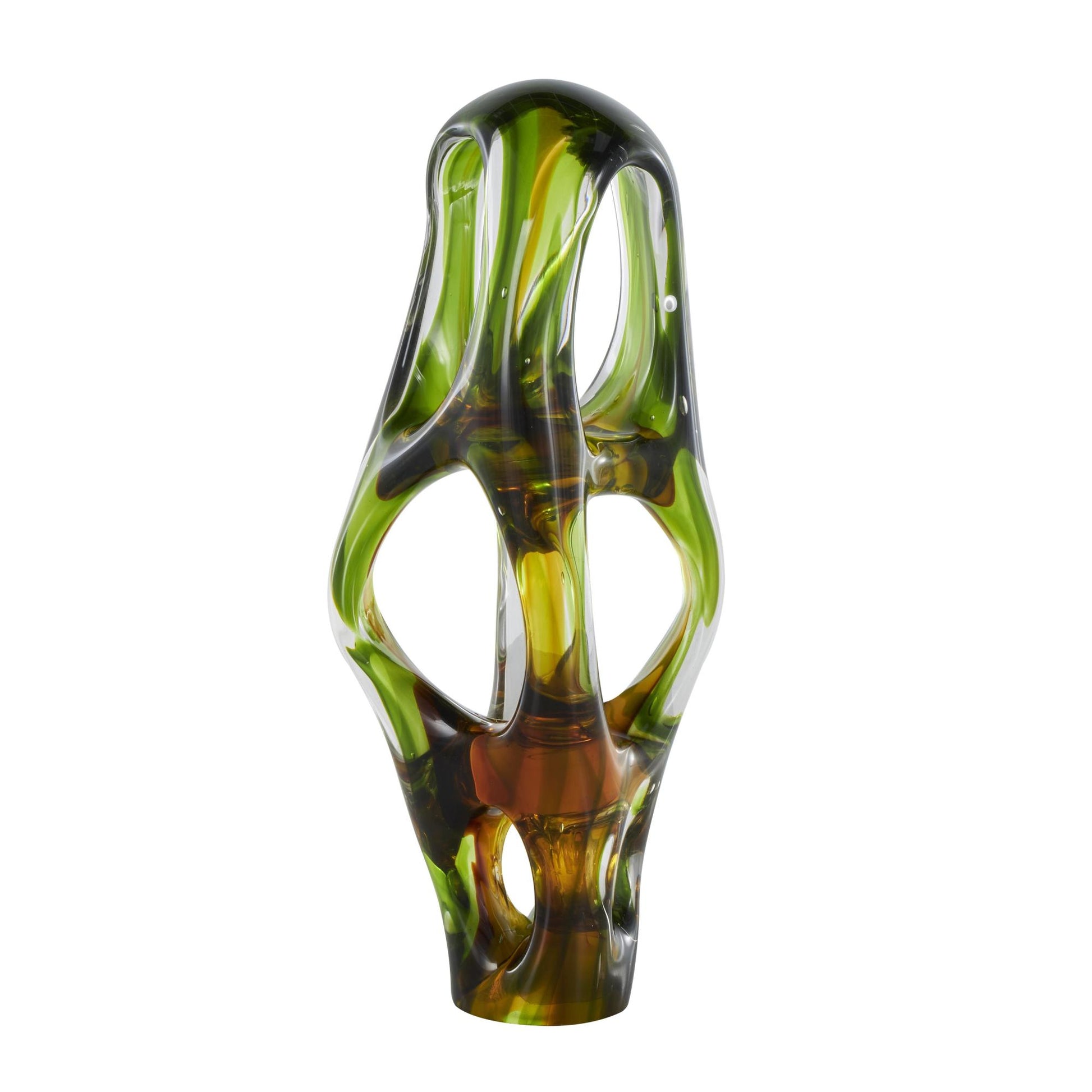 Abstract Green Glass Ombre Cutout Decorative Sculpture with Amber Accents