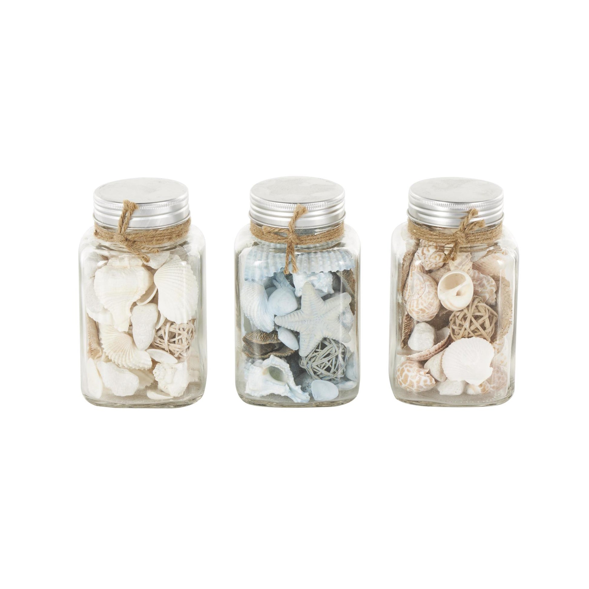 Set of 3 Clear Glass Decorative Orbs & Vase Filler with Seashells and Jute Rope Accents