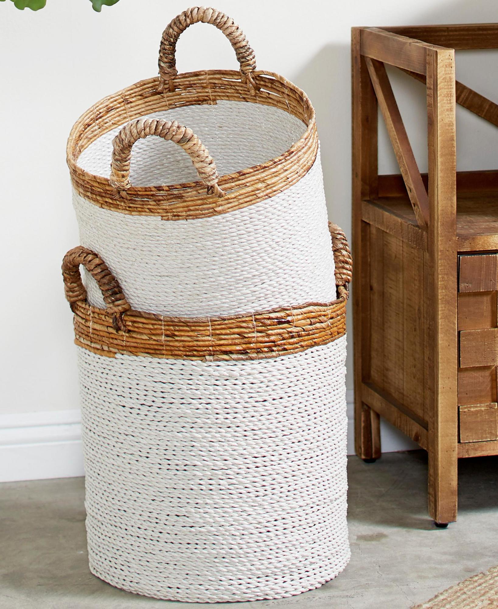 Set of 3 White Seagrass Handmade Two Toned Decorative and Functional Storage Basket with Handles