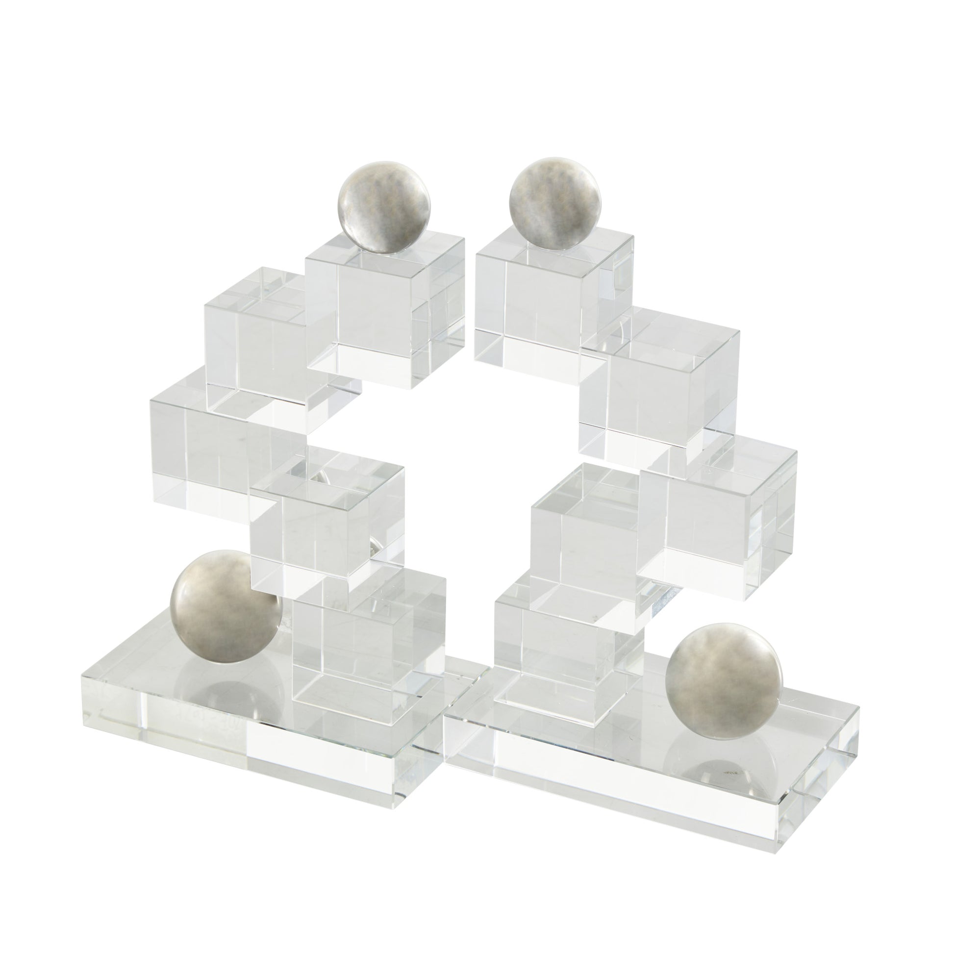 Set of 2 Geometric Clear Glass Stacked Squares Decorative Bookends with Silver Orbs