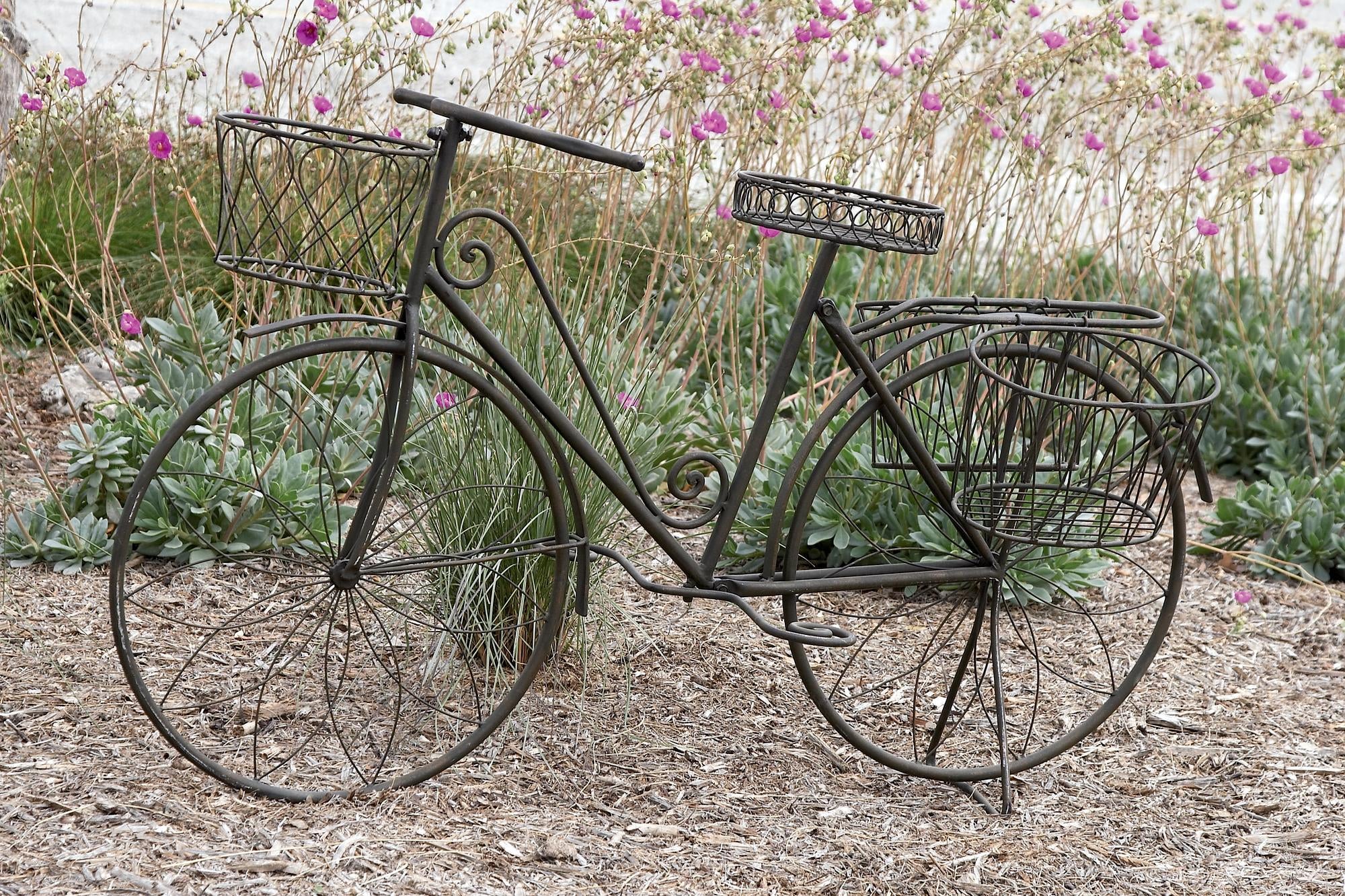 Bike Brown Metal Wire Floral Scrolled Indoor Outdoor Plantstand with Basket and Saddle Bag Planters