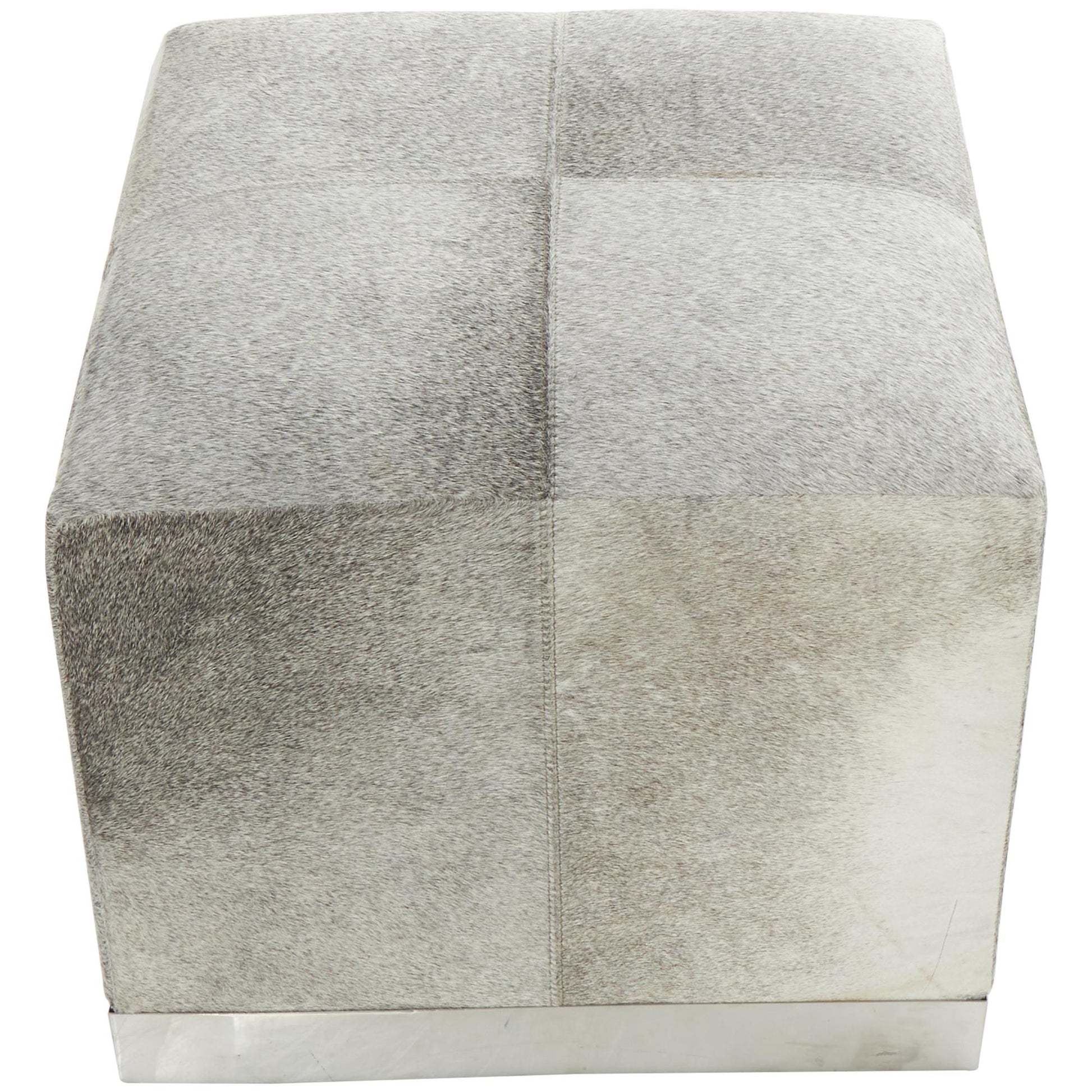 Gray Leather Patchwork Stuffed Pouf with Stainless Steel Base