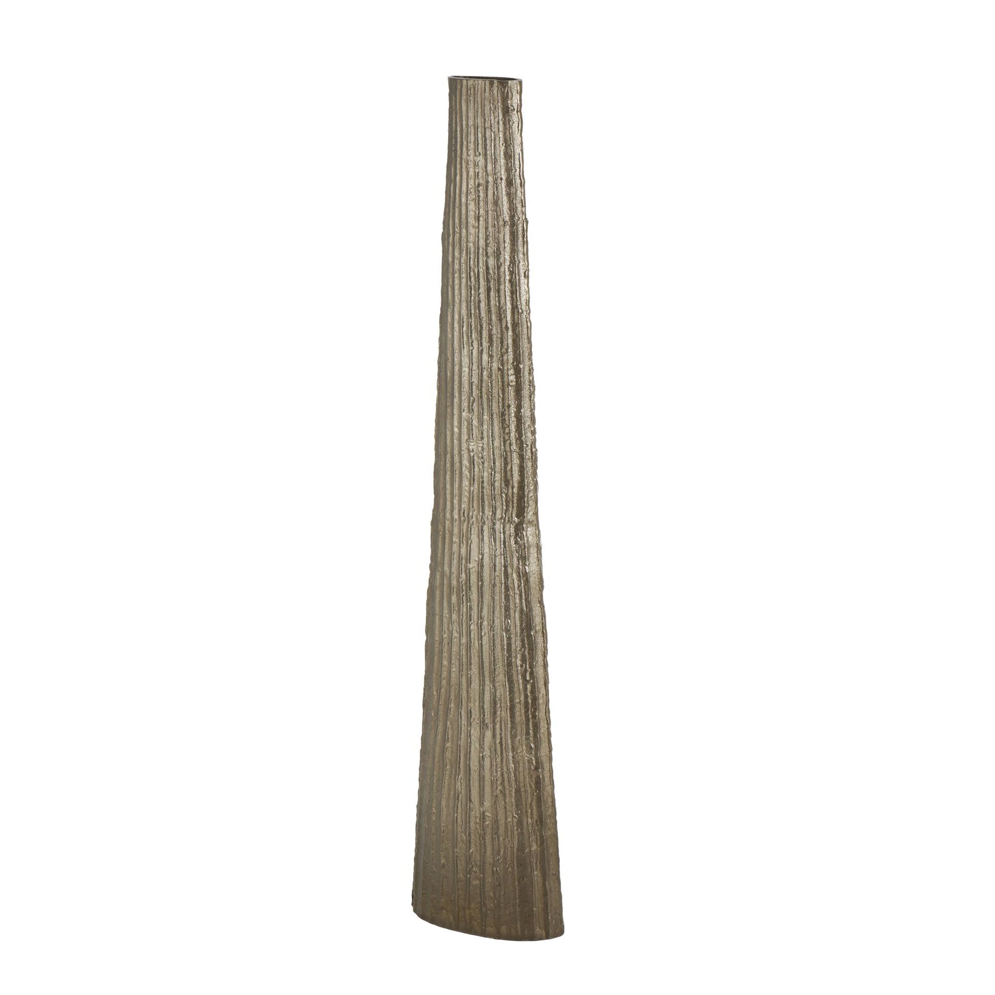 Brass Aluminum Metal Slim Flat Tall Floor Cone Decorative Vase with Textured Ridges
