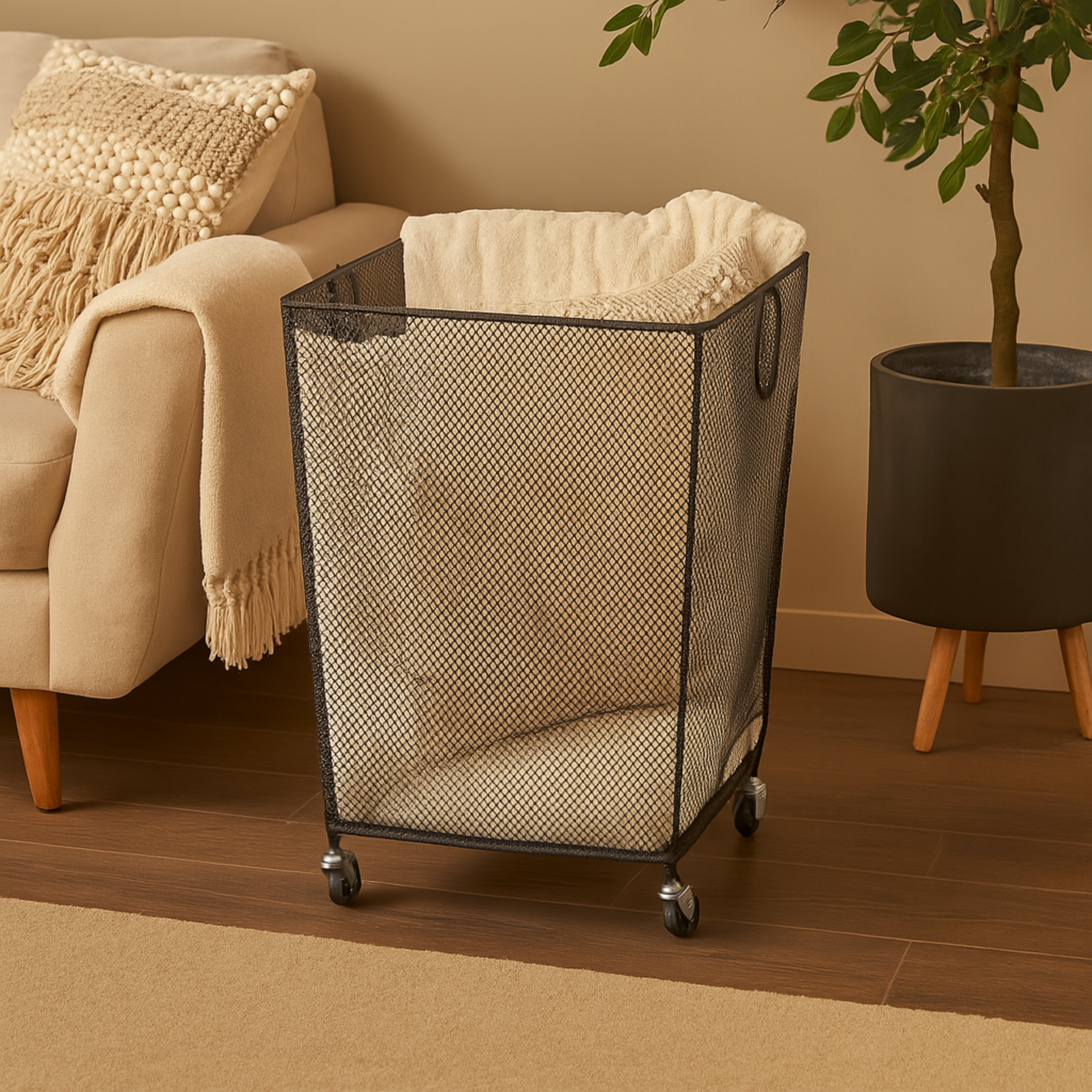 Metal Square Mesh Wire Rolling Laundry Mobile Storage Cart with Ring Handles