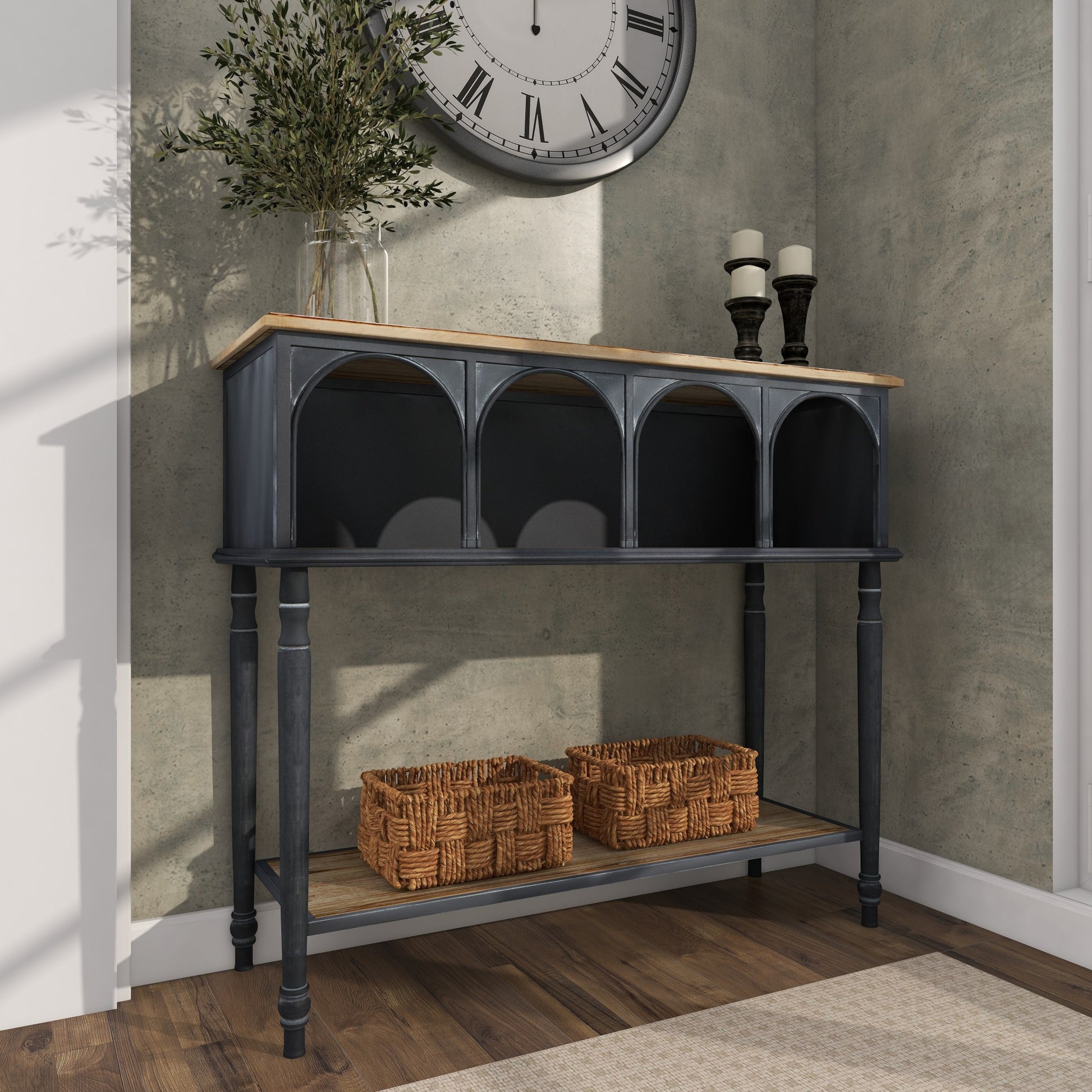 Black Metal Arched 2 Shelf and 4 Cubby Living Room Console Table with Brown Wood Shelves
