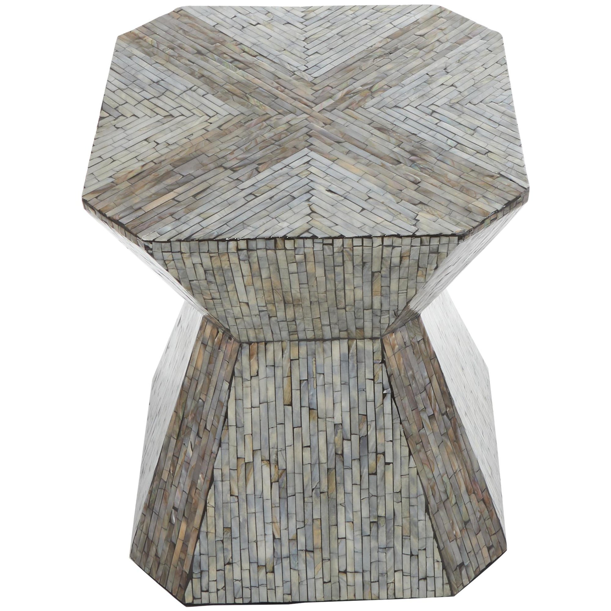 Geometric Gray Mother of Pearl Shell Handmade Hourglass Side End Accent Table with Linear Mosaic Pattern