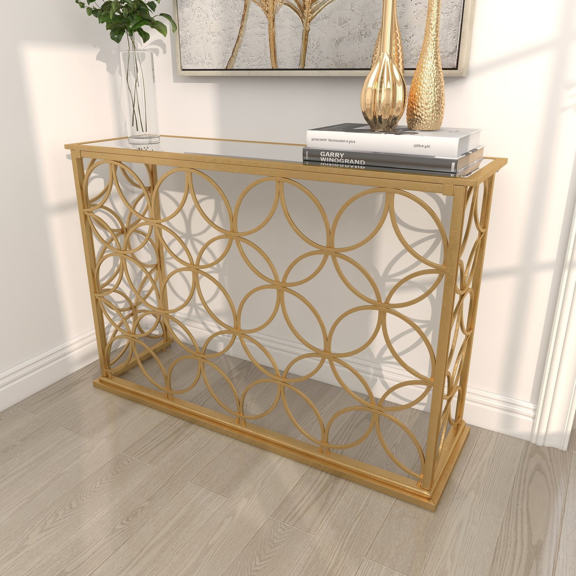 Geometric Gold Metal Weathered Living Room Console Table with Mirrored Glass Top