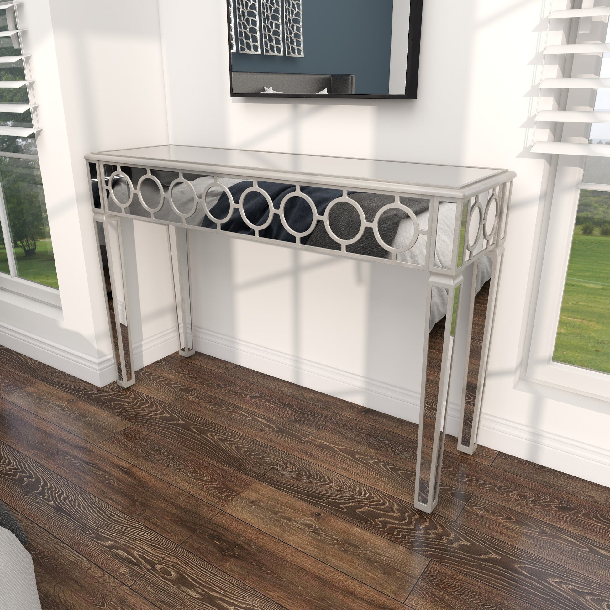 Geometric Silver Glass Mirrored Living Room Console Table with Circular Panel Inlay