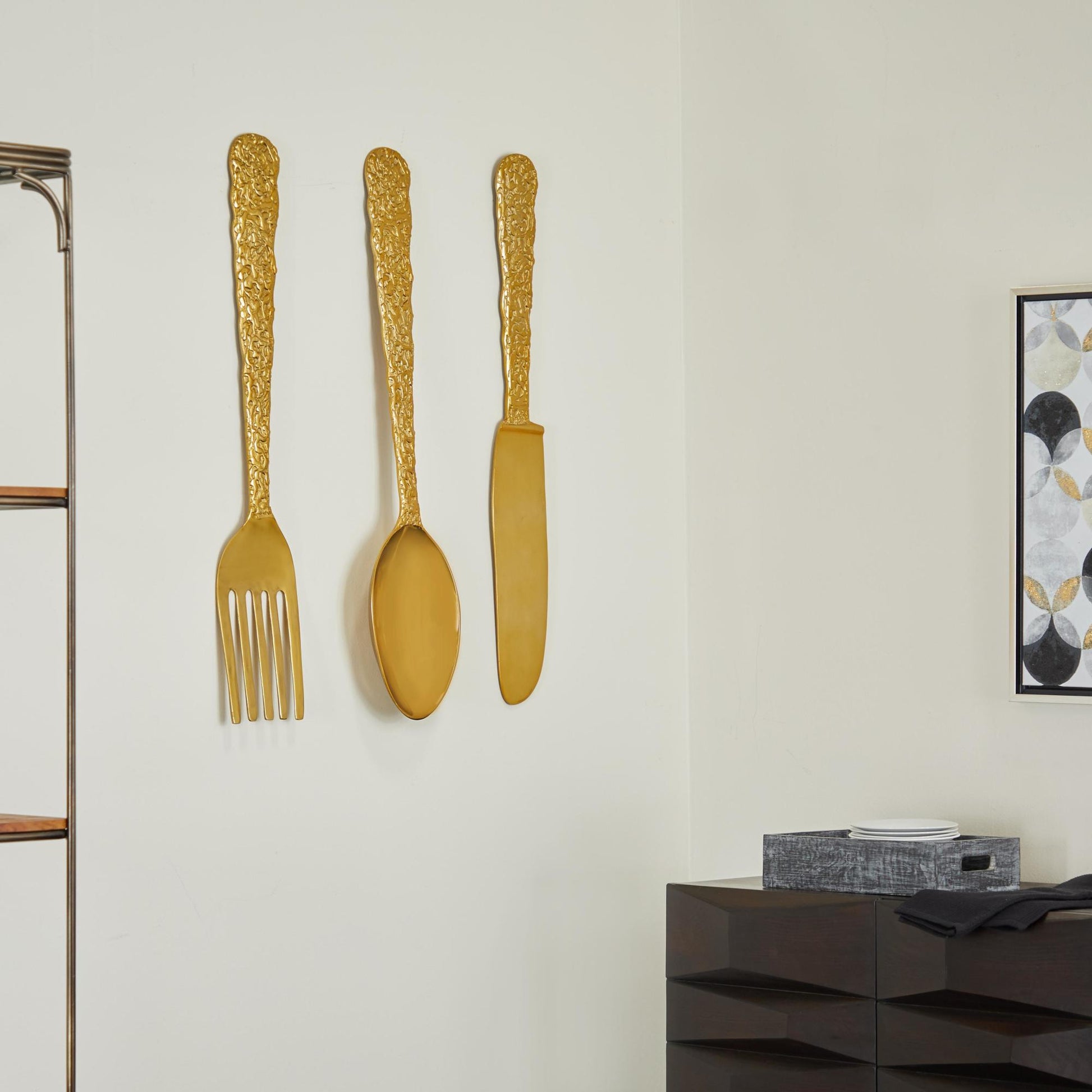 Set of 3 Utensils Gold Aluminum Metal Knife, Spoon and Fork Home Wall Decor