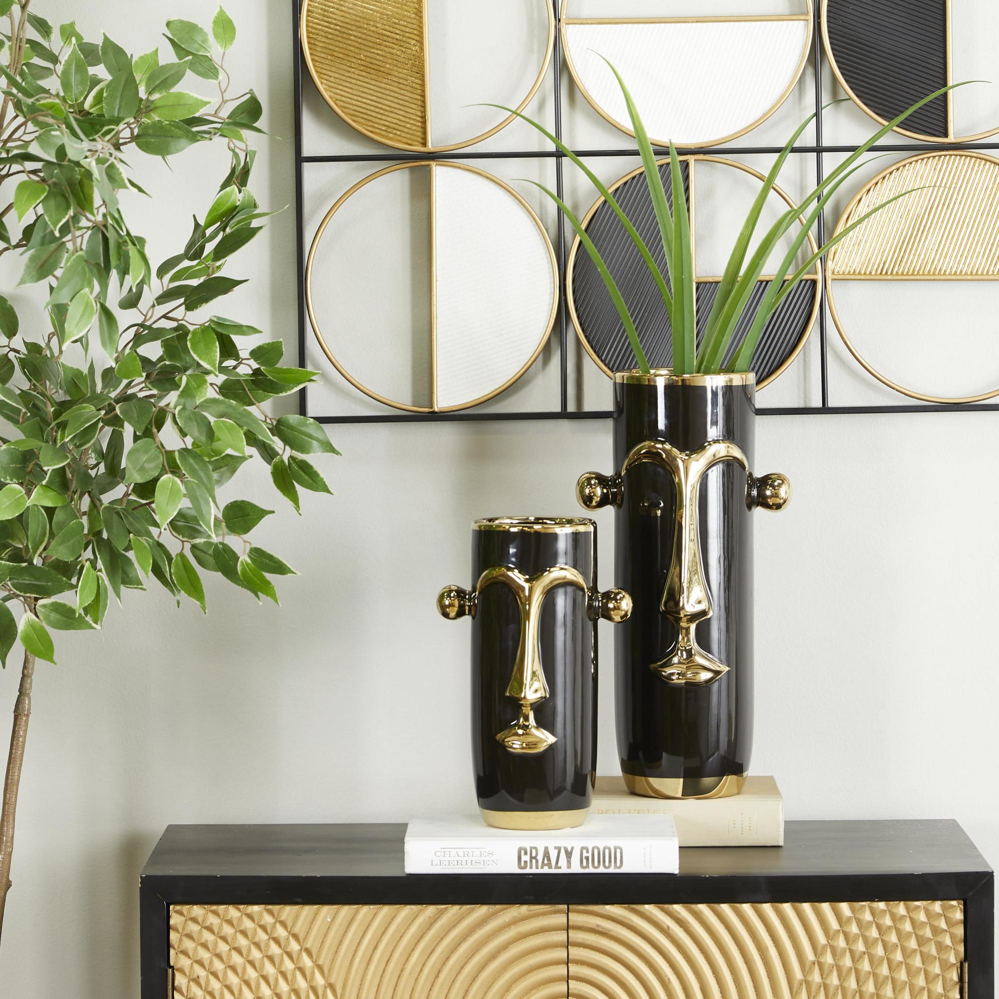 Set of 2 Face Ceramic Abstract Decorative Vase with Gold Details