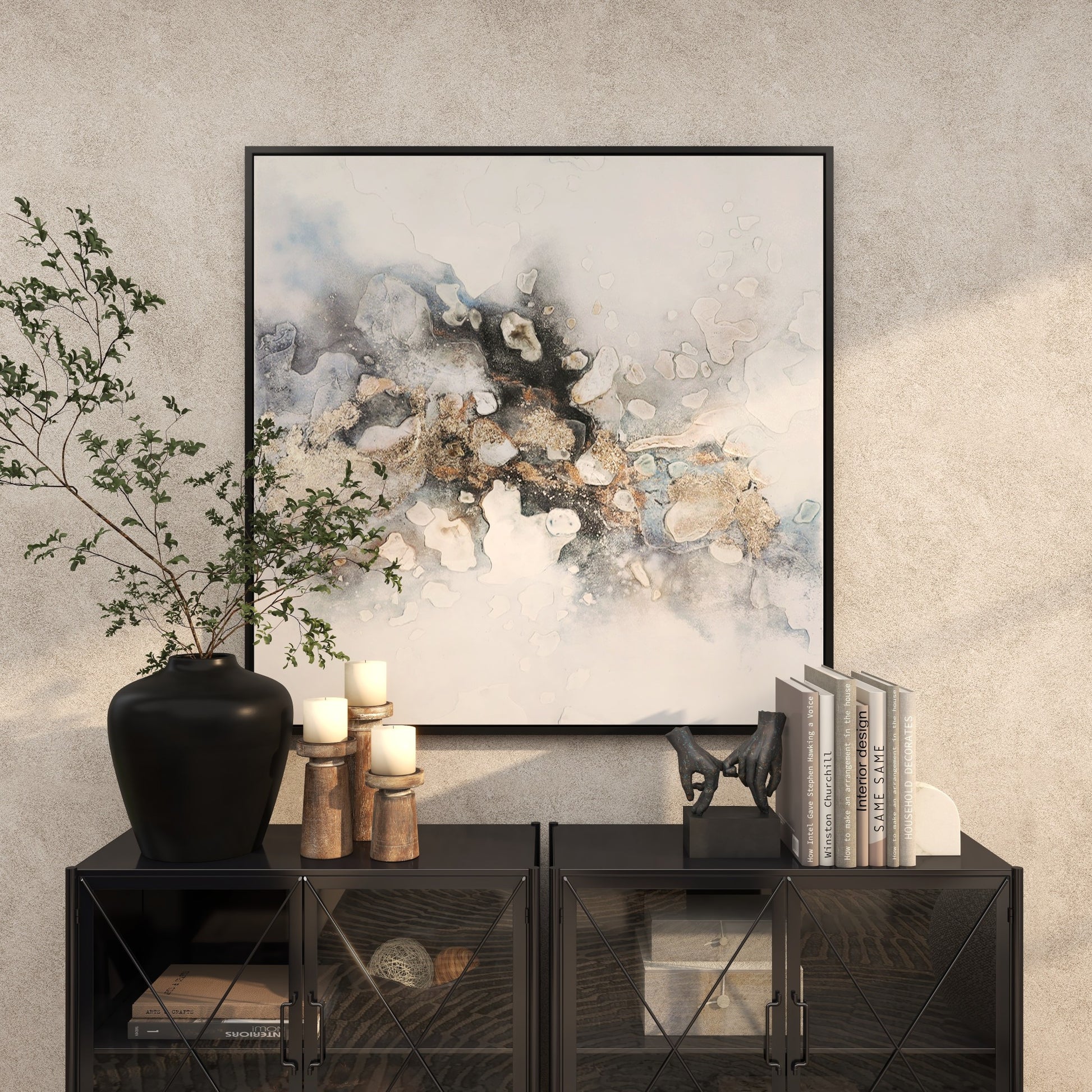 Abstract Multi Colored Canvas Watercolor Living Room Framed Wall Art with Gold Foil Accents