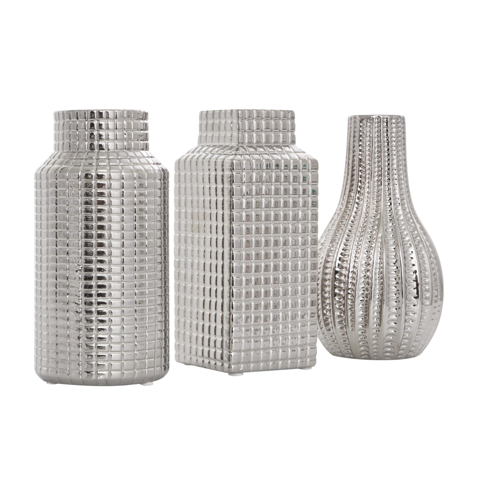 Set of 3 Geometric Ceramic Dimensional Textured Decorative Vase with Varying Shapes and Grid Patterns Set of 3 3"W, 8"H