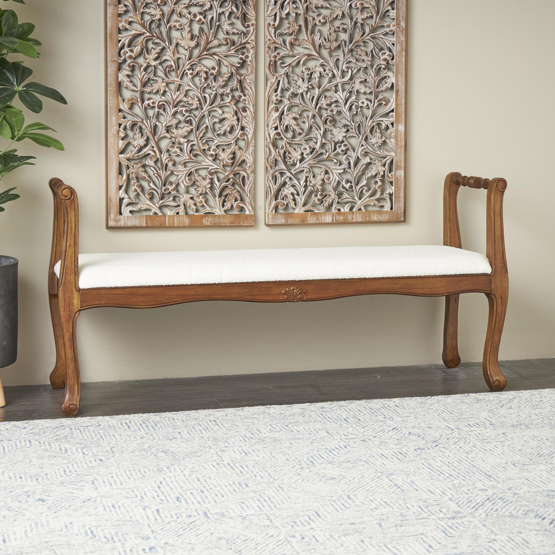 Cream Fabric Arm Home Bench with Brown Traditional Wood Turned Legs
